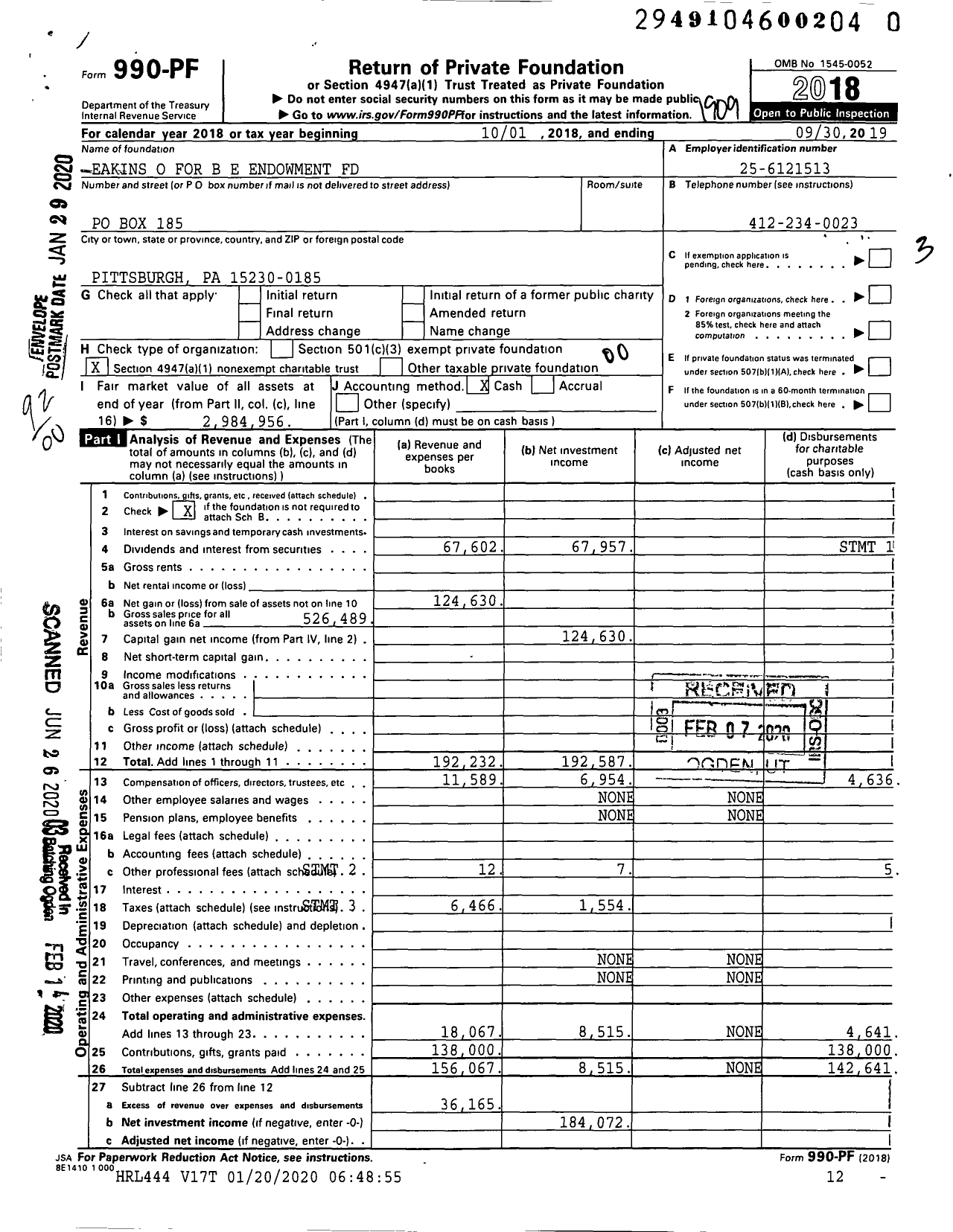 Image of first page of 2018 Form 990PR for Eakins O for B E Endowment Fund