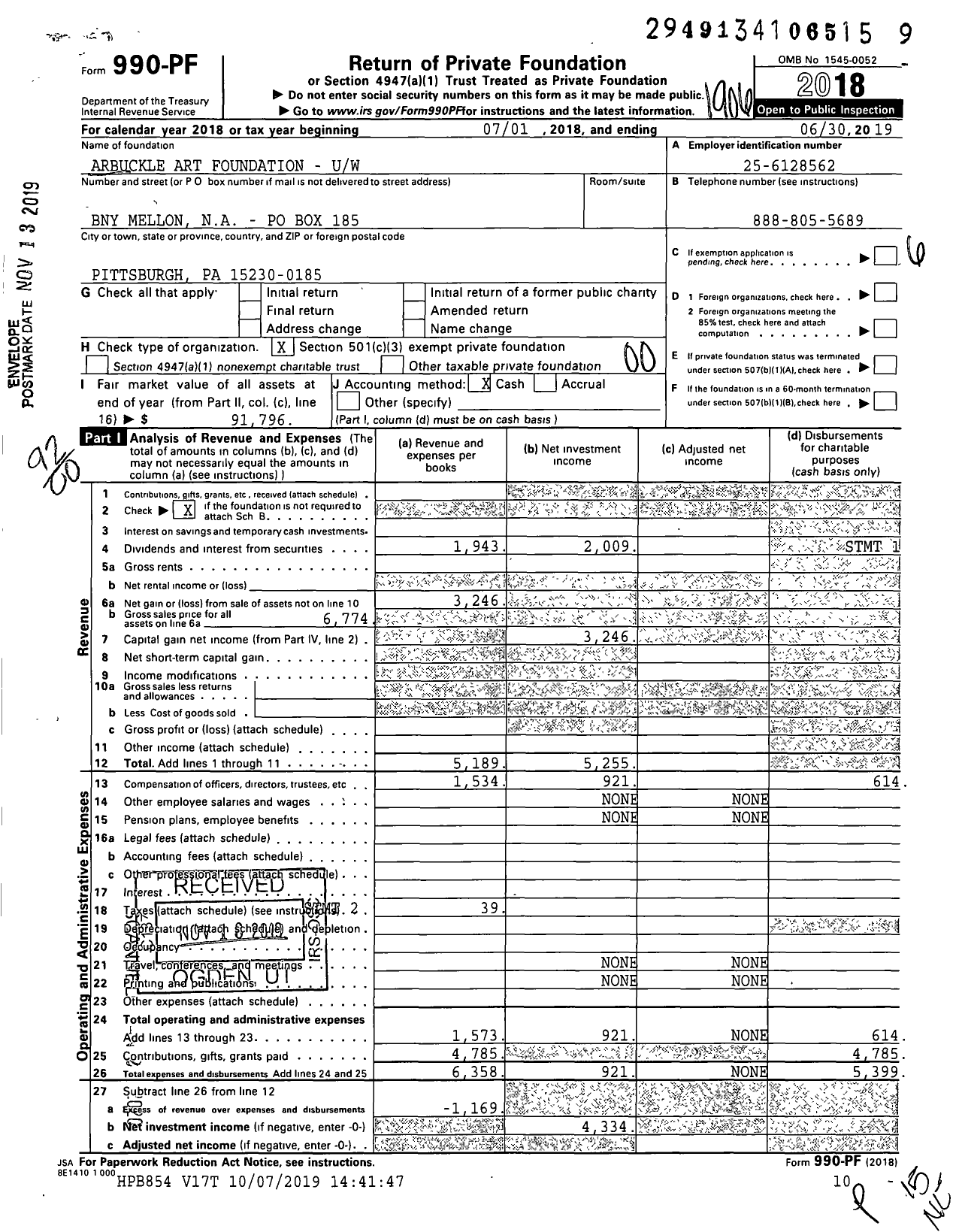 Image of first page of 2018 Form 990PF for Arbuckle Art Foundation - Uw