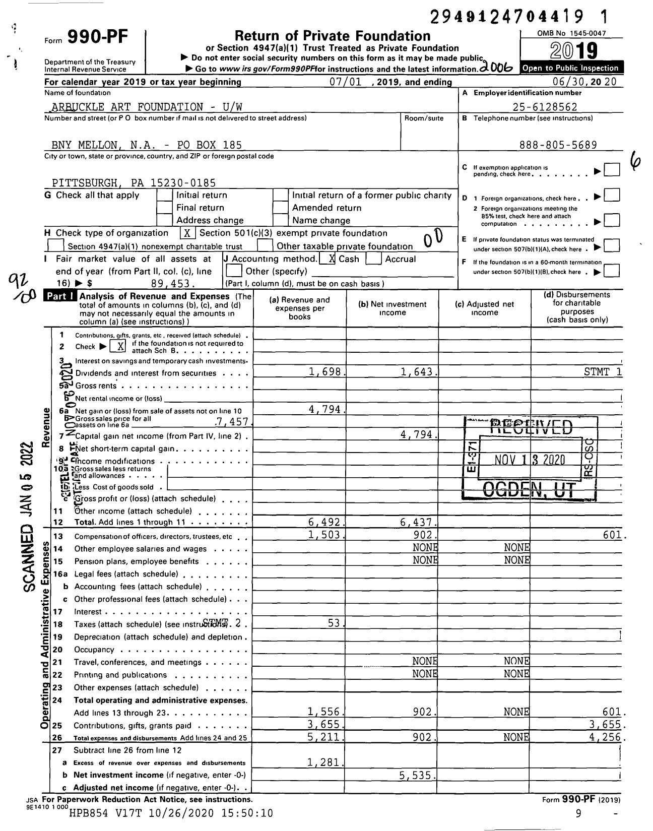 Image of first page of 2019 Form 990PF for Arbuckle Art Foundation - Uw