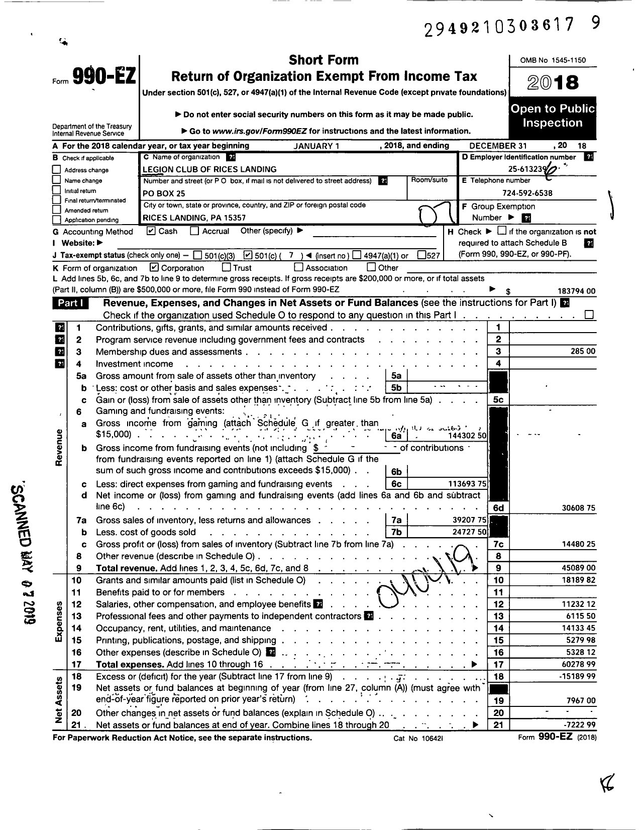 Image of first page of 2018 Form 990EO for Legion Club of Rices Landing