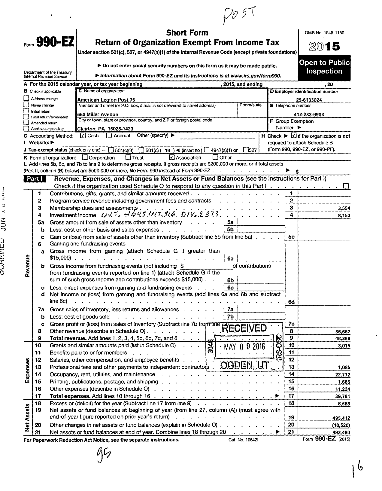 Image of first page of 2015 Form 990EO for American Legion - 0076 Hazleton Inc Post Pa