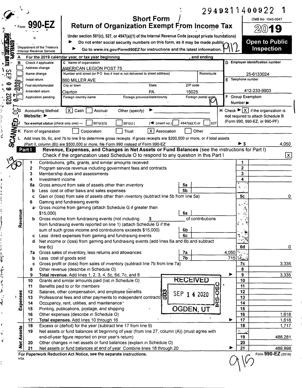 Image of first page of 2019 Form 990EO for American Legion - 0076 Hazleton Inc Post Pa