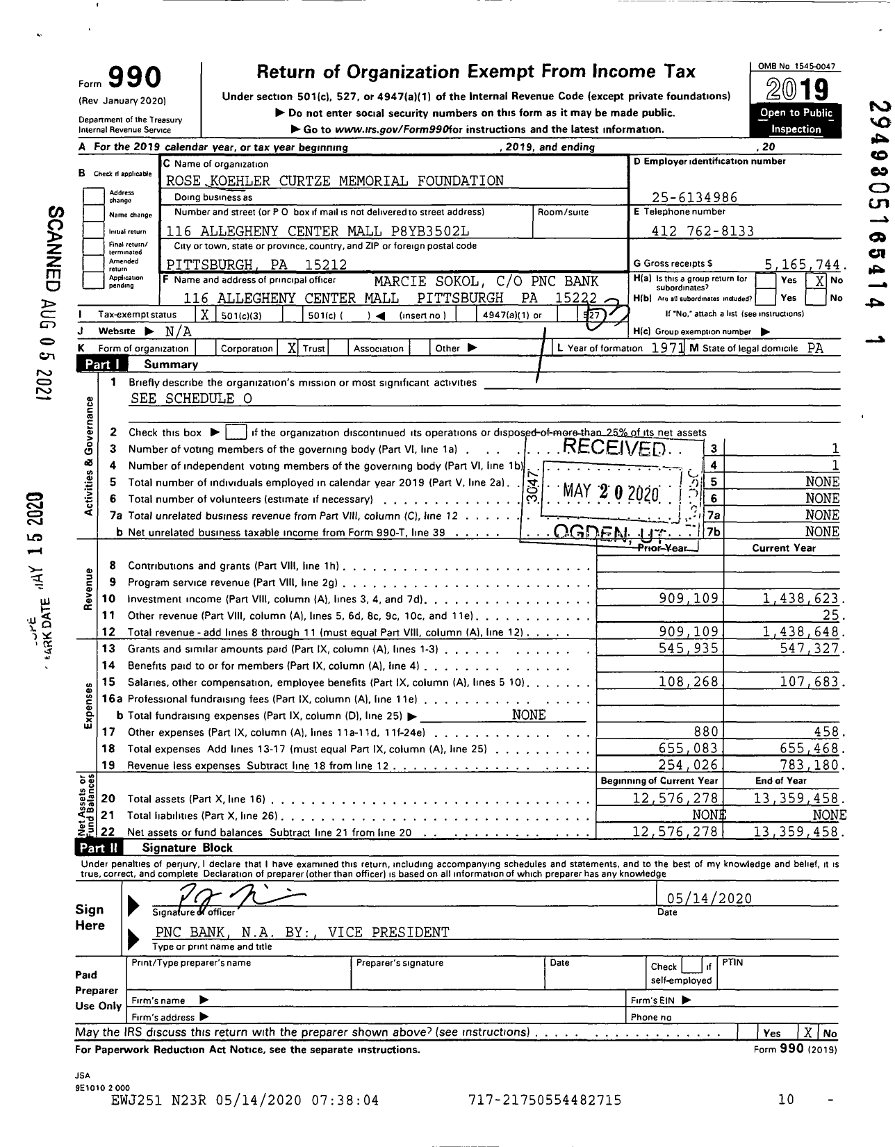 Image of first page of 2019 Form 990 for Rose Koehler Curtze Memorial Fund