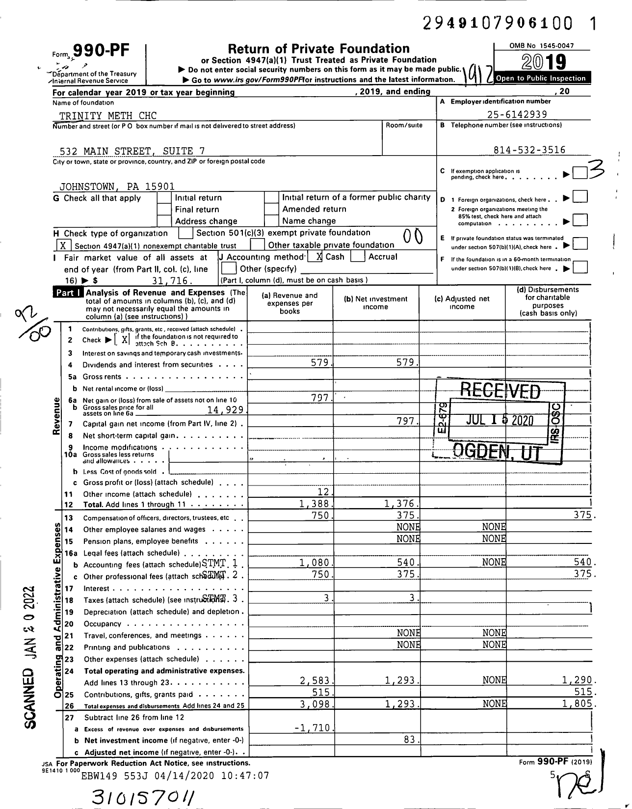 Image of first page of 2019 Form 990PF for Trinity Meth CHC