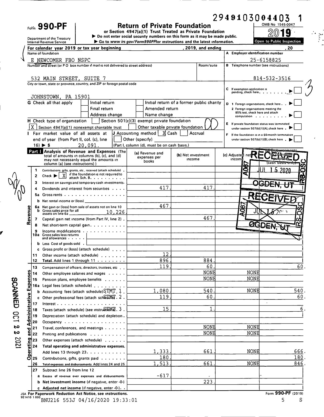 Image of first page of 2019 Form 990PF for E Newcomer Fbo NSPC