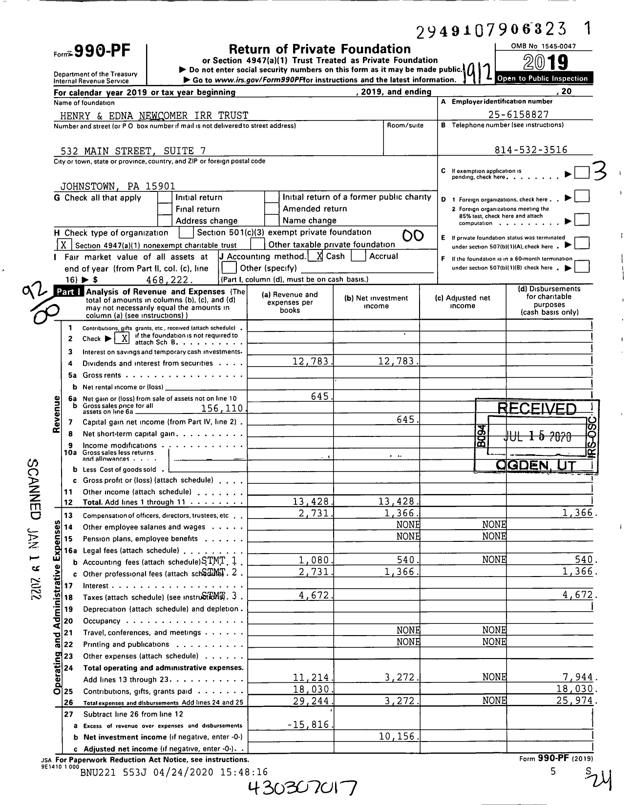 Image of first page of 2019 Form 990PF for Henry and Edna Newcomer Irr Trust