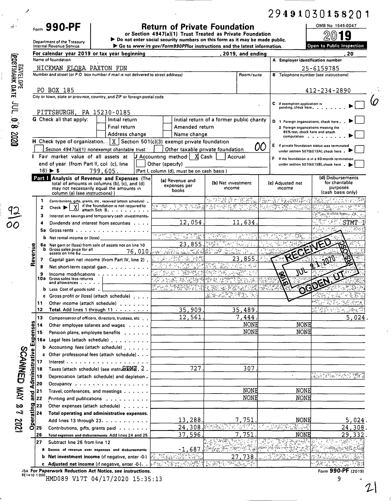 Image of first page of 2019 Form 990PF for Hickman Flora Paxton Foundation