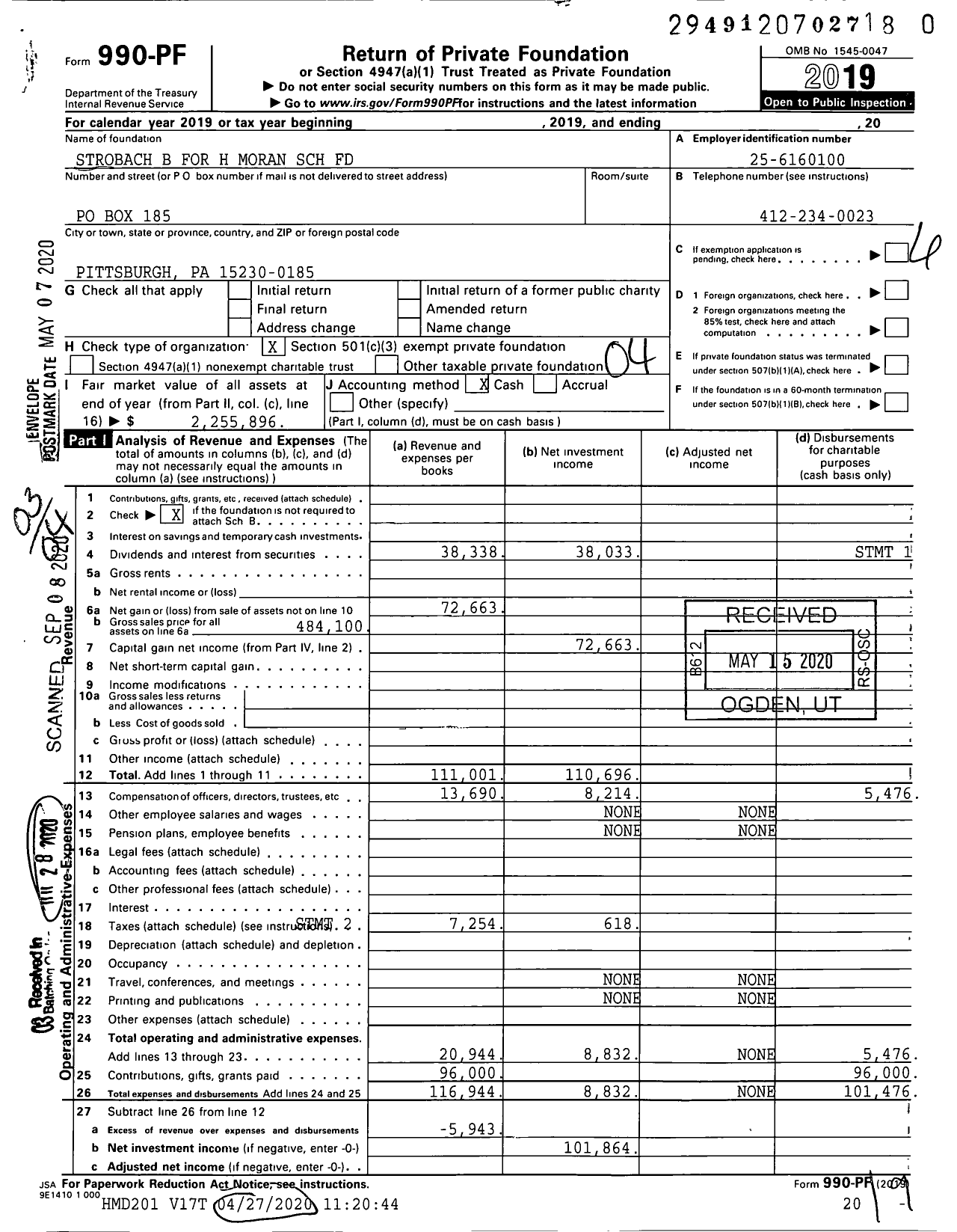 Image of first page of 2019 Form 990PR for Strobach B for H Moran SCH Fund