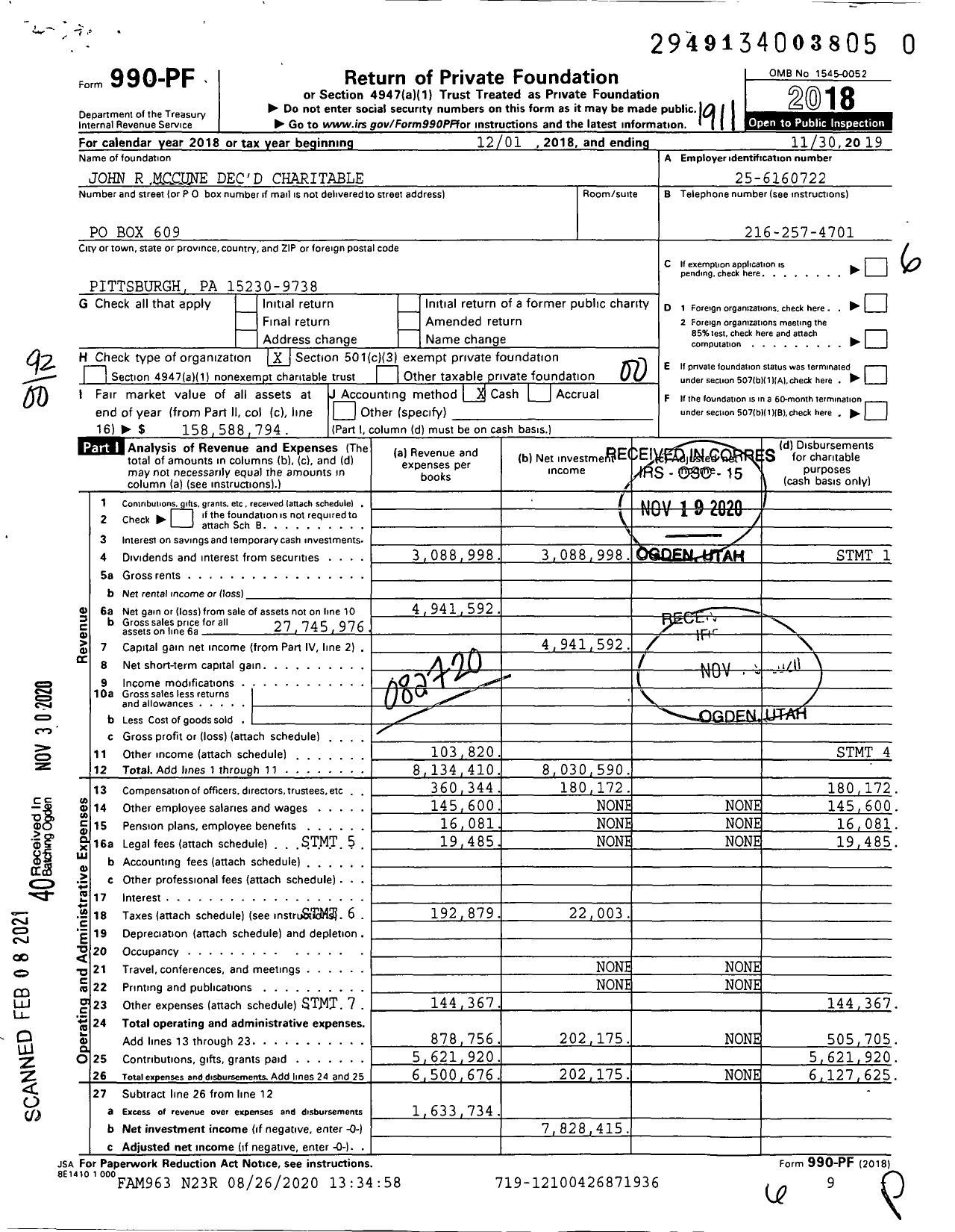 Image of first page of 2018 Form 990PF for John R. McCune Dec'D Charitable