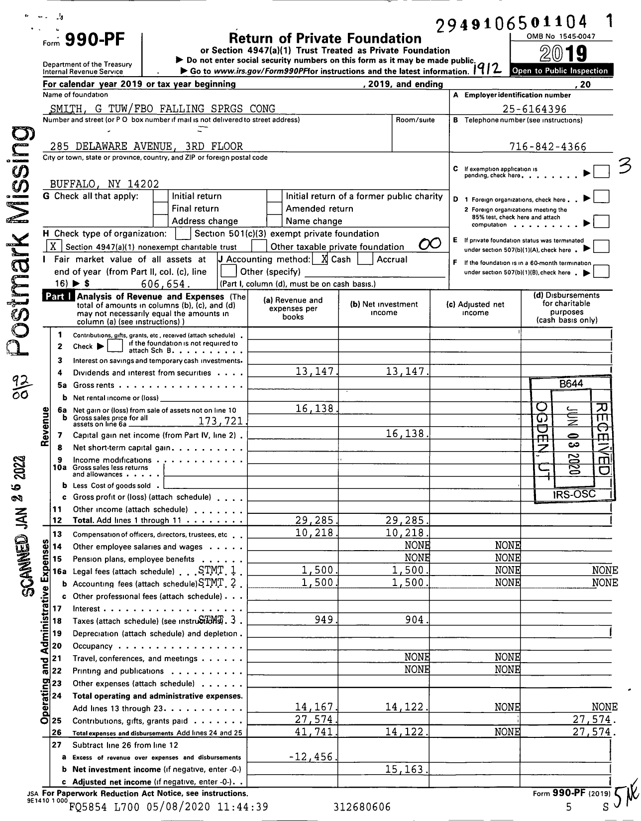 Image of first page of 2019 Form 990PF for Smith G Tuwfbo Falling SPRGS Cong