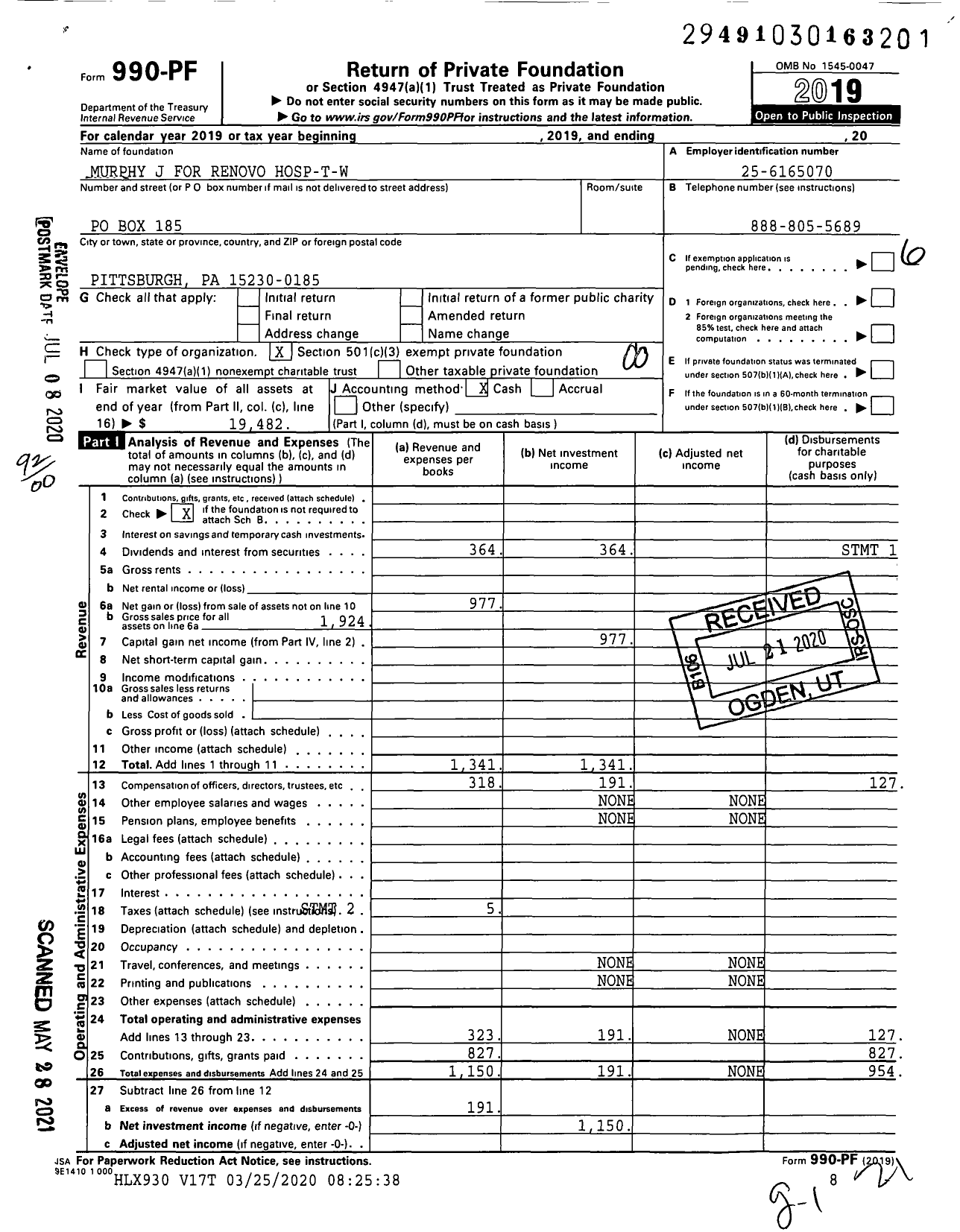 Image of first page of 2019 Form 990PF for Murphy J for Renovo Hosp-T-W