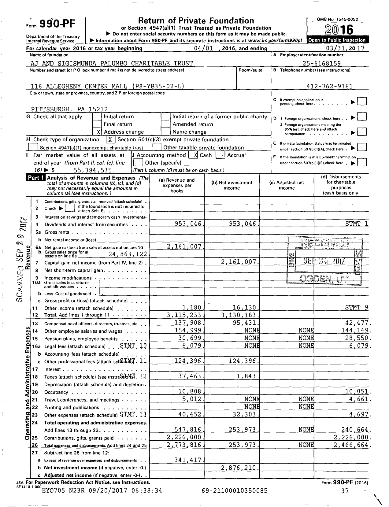 Image of first page of 2016 Form 990PF for Aj and Sigismunda Palumbo Charitable Trust