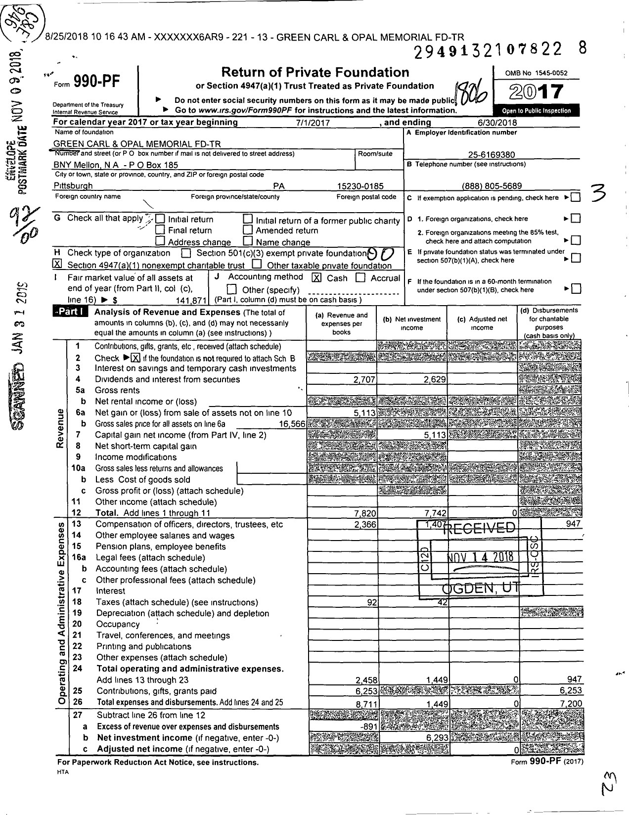 Image of first page of 2017 Form 990PF for Green Carl and Opal Memorial FD-TR