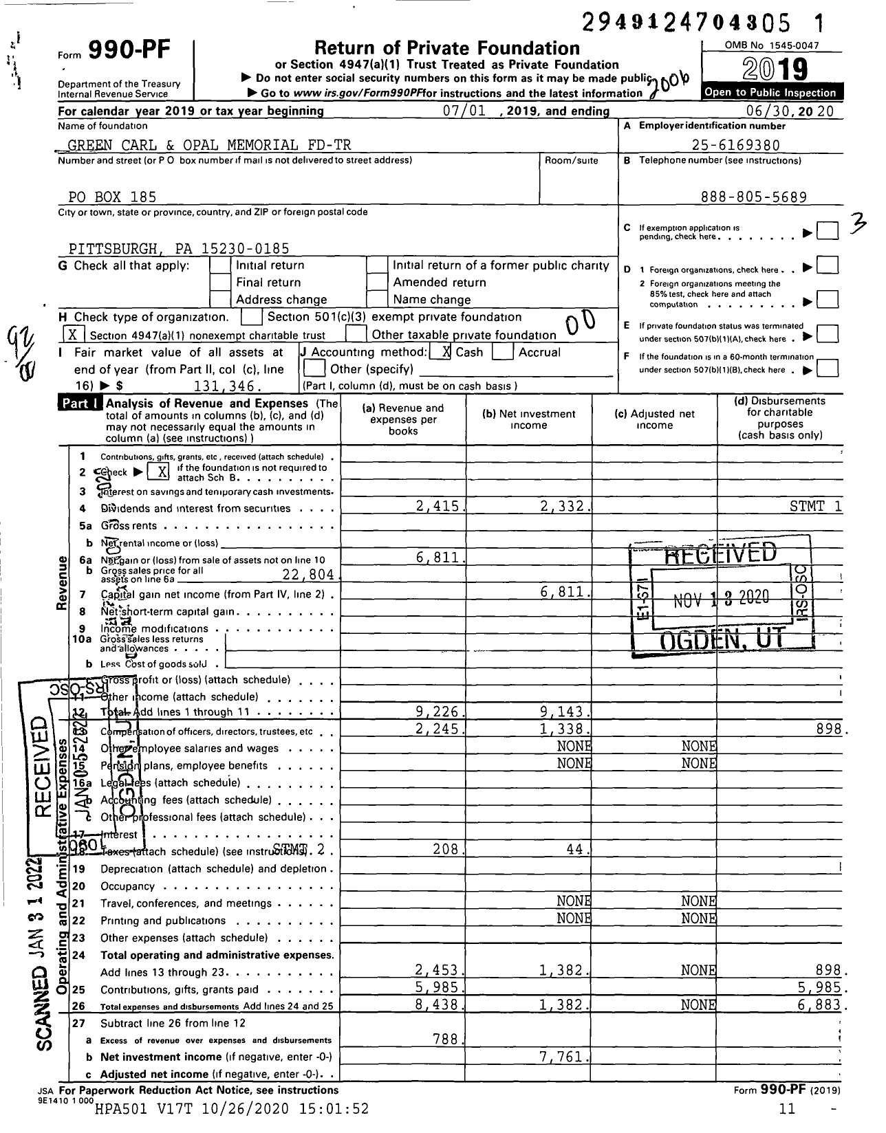 Image of first page of 2019 Form 990PF for Green Carl and Opal Memorial FD-TR