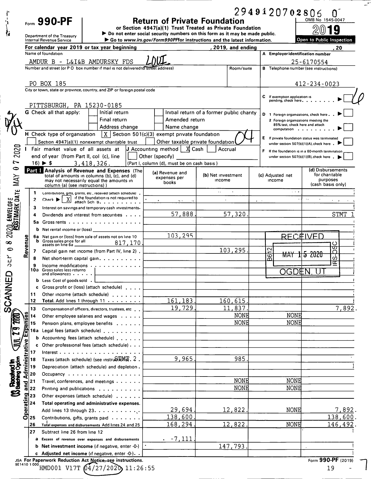 Image of first page of 2019 Form 990PR for Amdur B - L&i&b Amdursky FDS