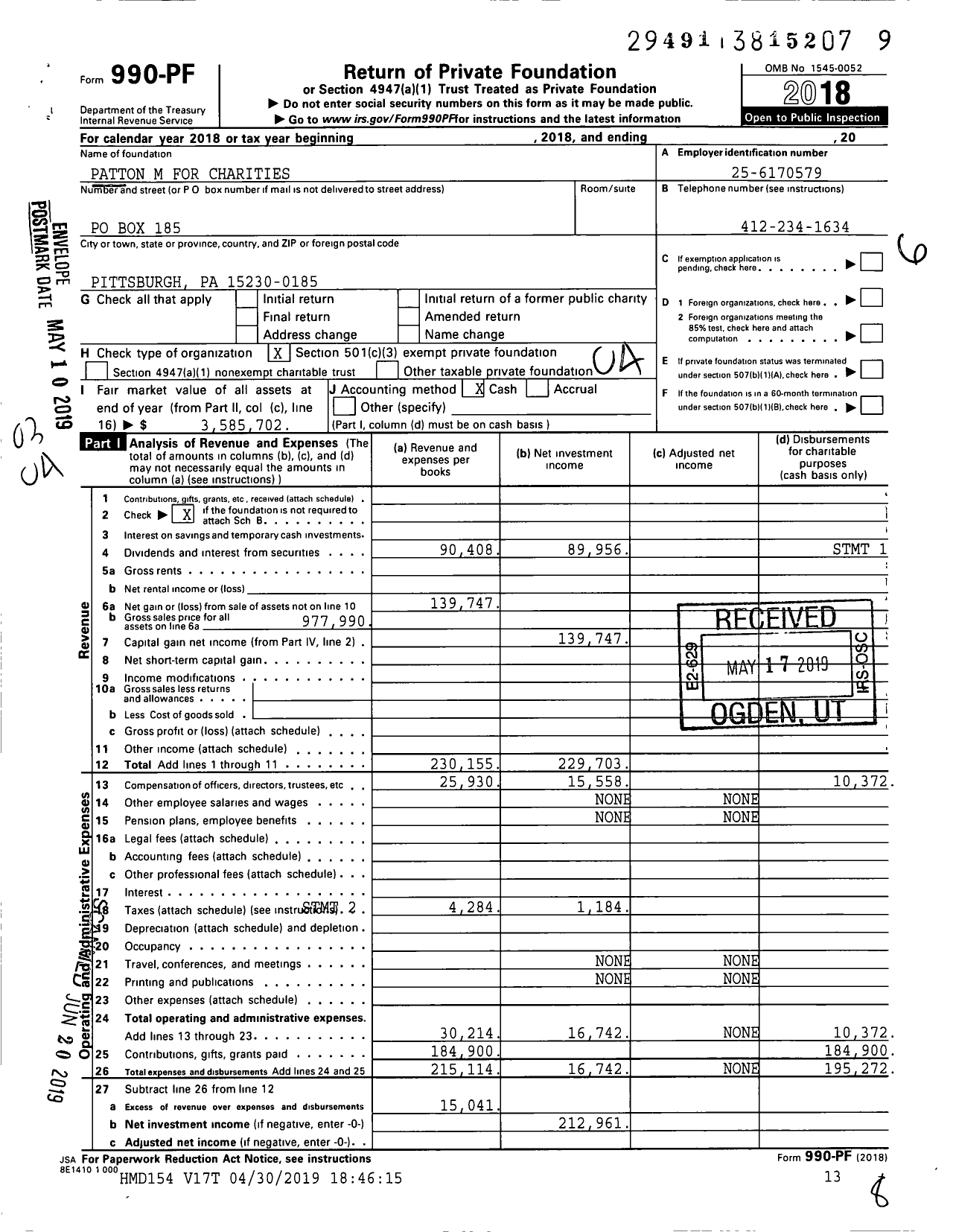 Image of first page of 2018 Form 990PF for Patton M for Charities