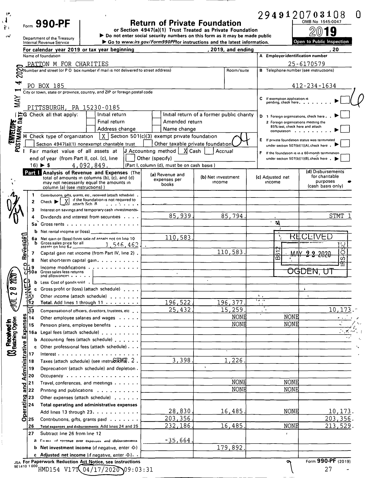 Image of first page of 2019 Form 990PR for Patton M for Charities