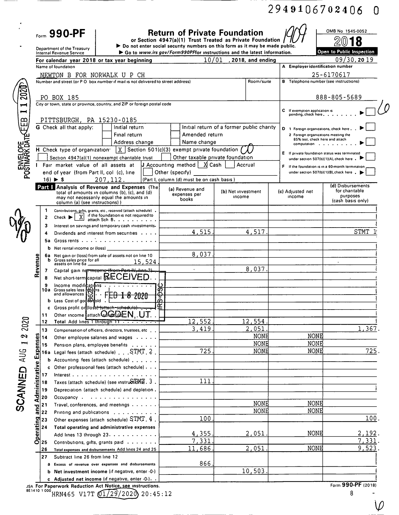 Image of first page of 2018 Form 990PR for Newton B for Norwalk U P CH