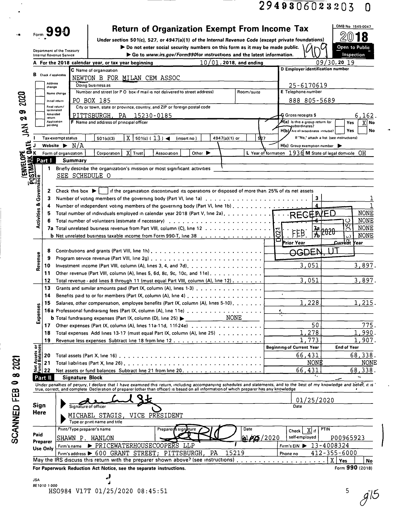 Image of first page of 2018 Form 990O for Newton B for Milan Cem Association