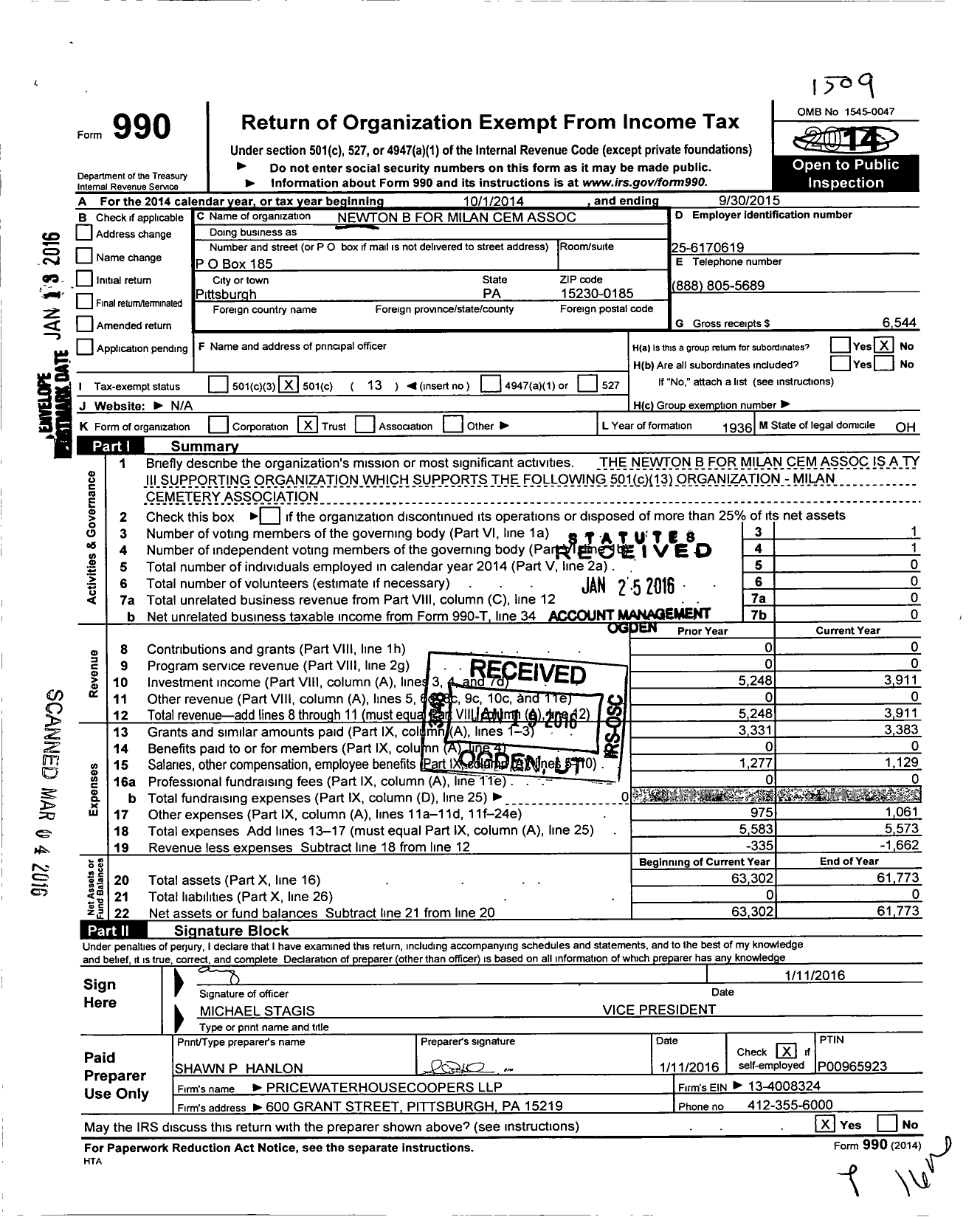 Image of first page of 2014 Form 990O for Newton B for Milan Cem Association