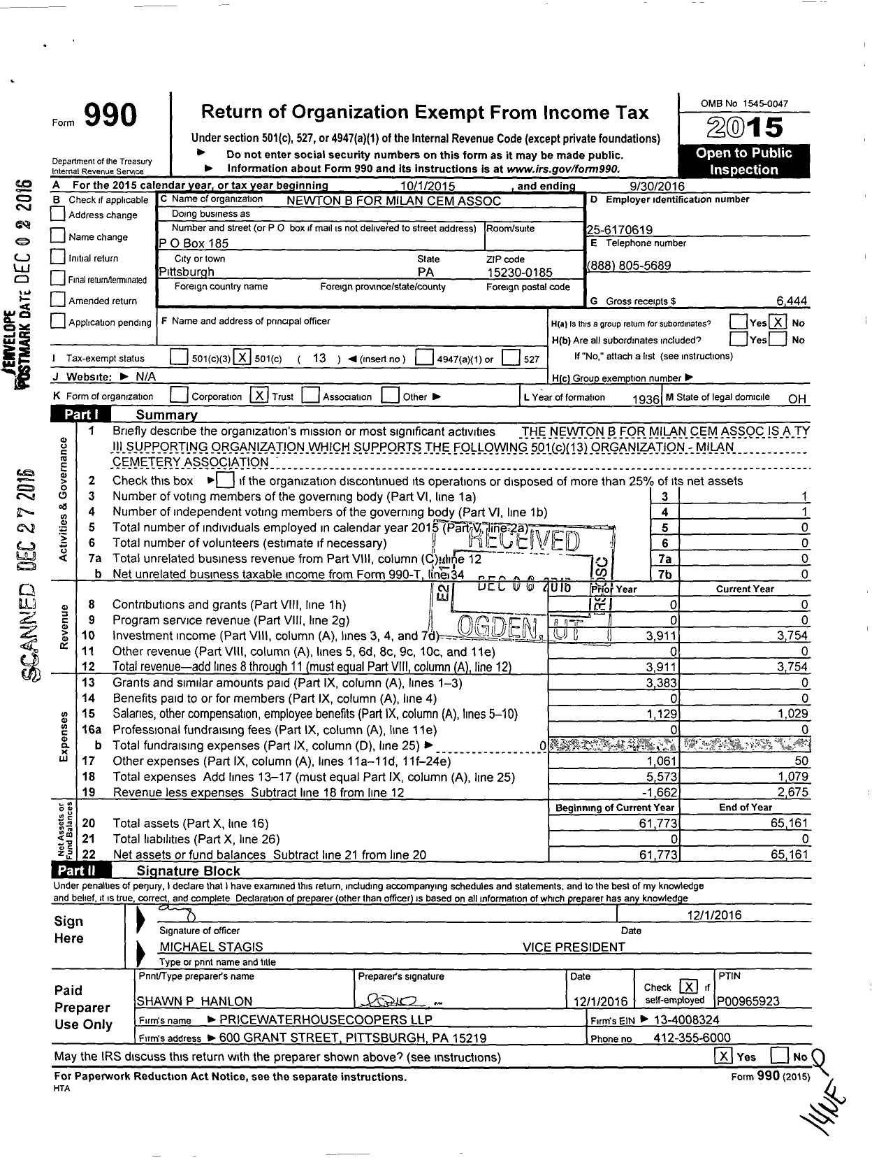 Image of first page of 2015 Form 990O for Newton B for Milan Cem Association