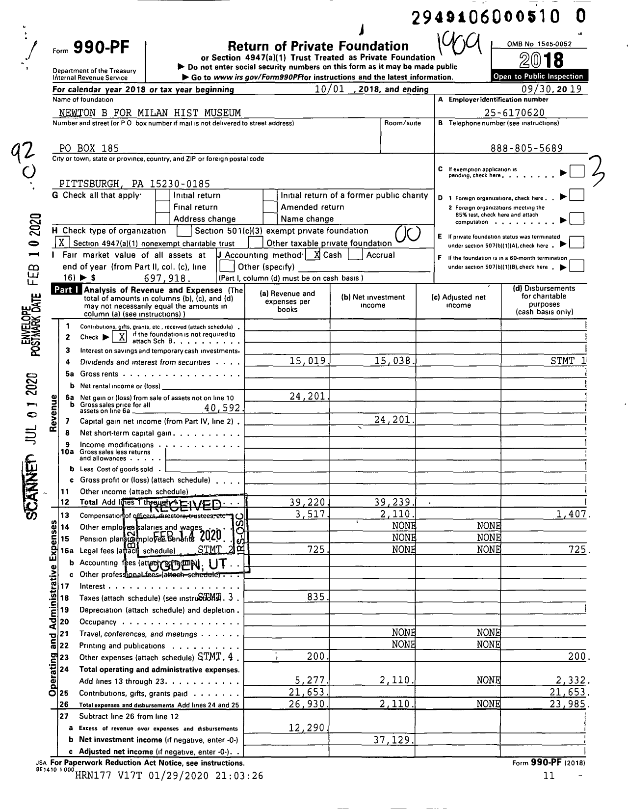 Image of first page of 2018 Form 990PR for Newton B for Milan Hist Museum