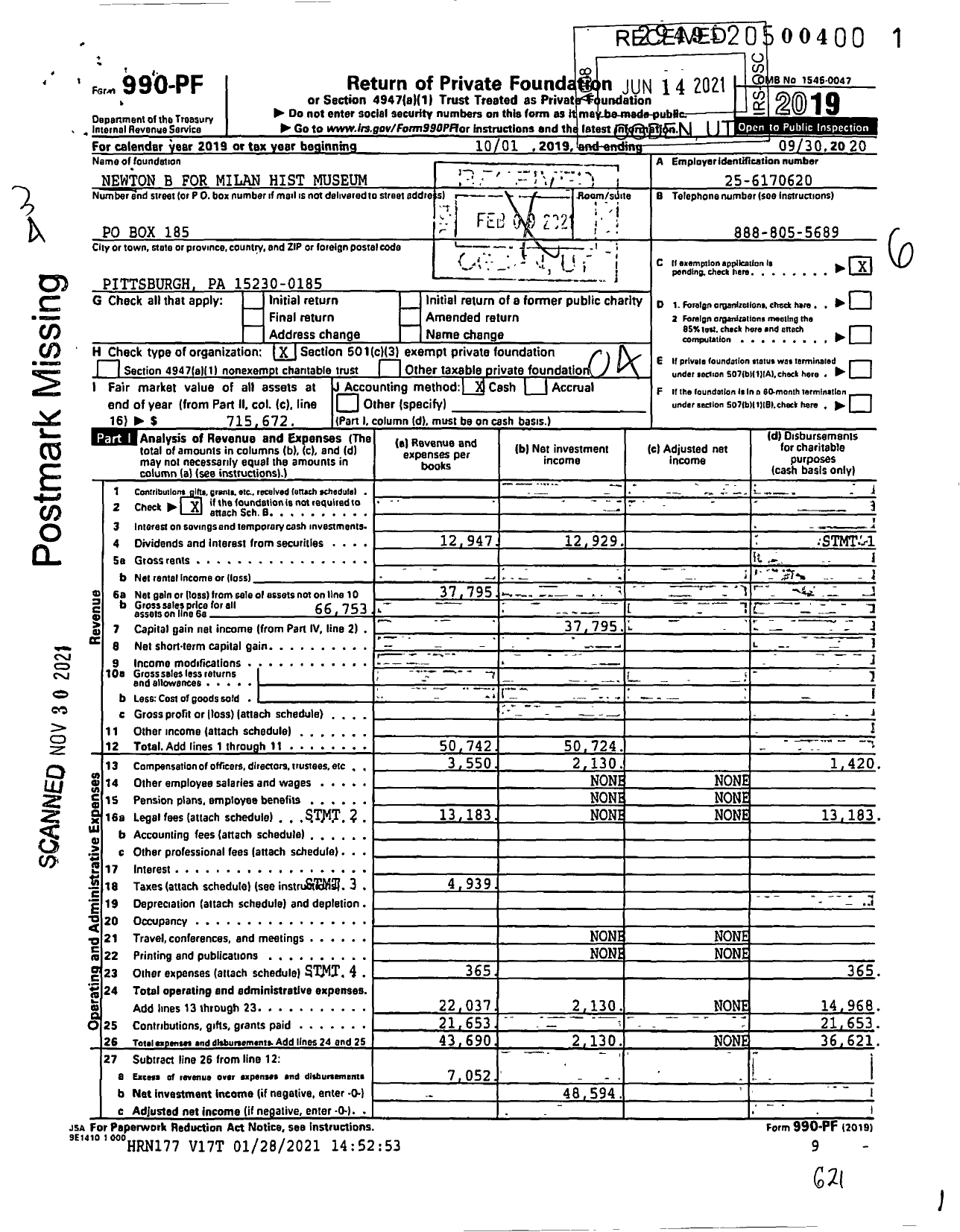 Image of first page of 2019 Form 990PF for Newton B for Milan Hist Museum