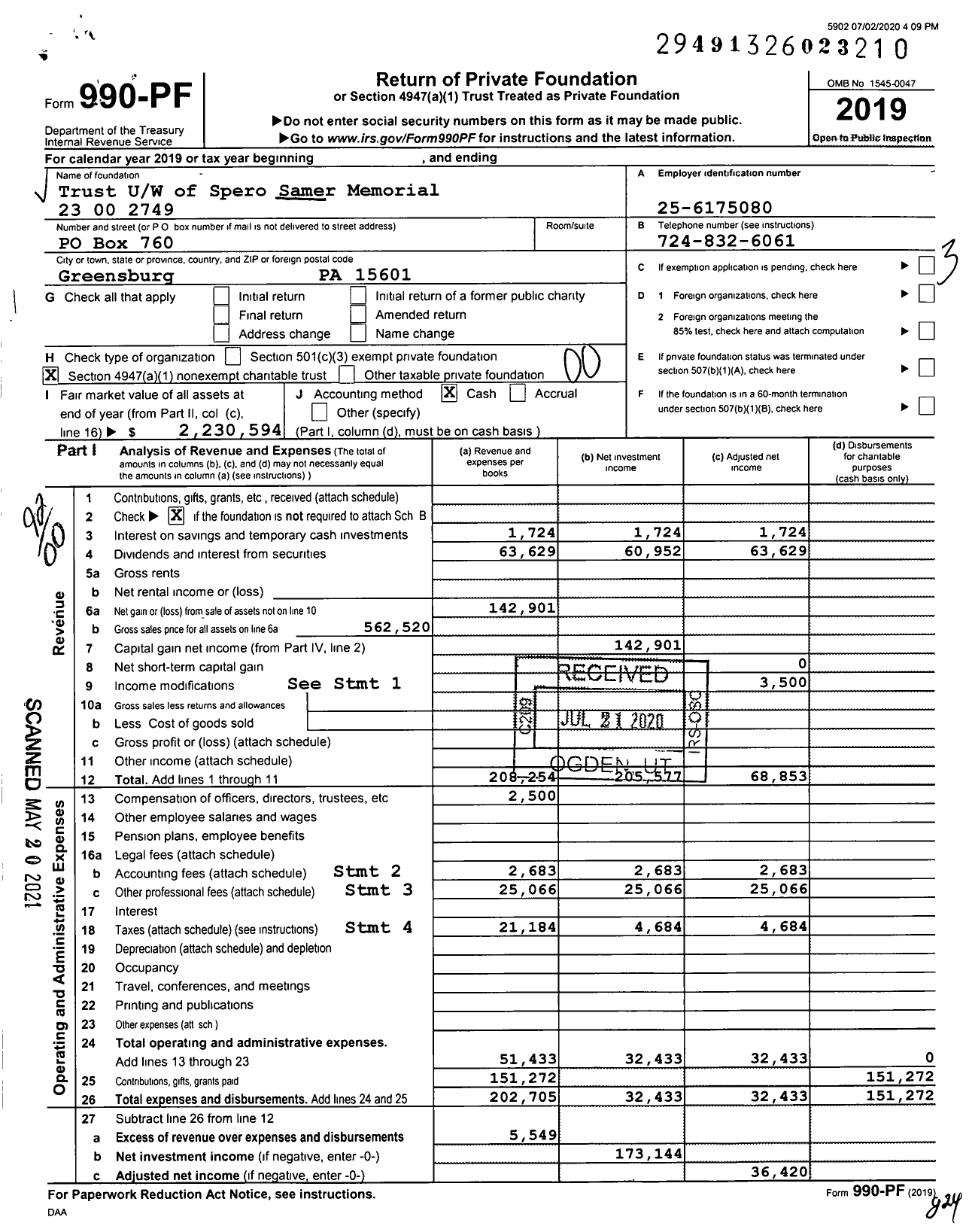 Image of first page of 2019 Form 990PF for Trust Under Will of Spero Samer Nect