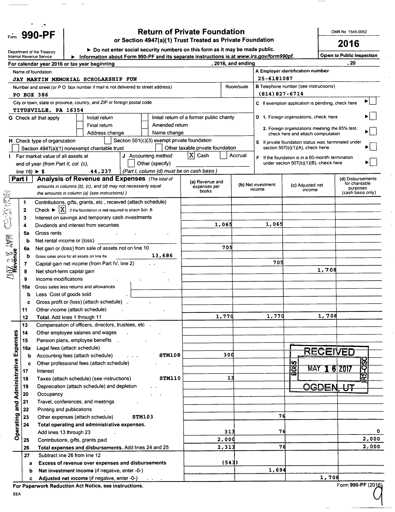 Image of first page of 2016 Form 990PF for Jay Martin Memorial Scholarship Fun