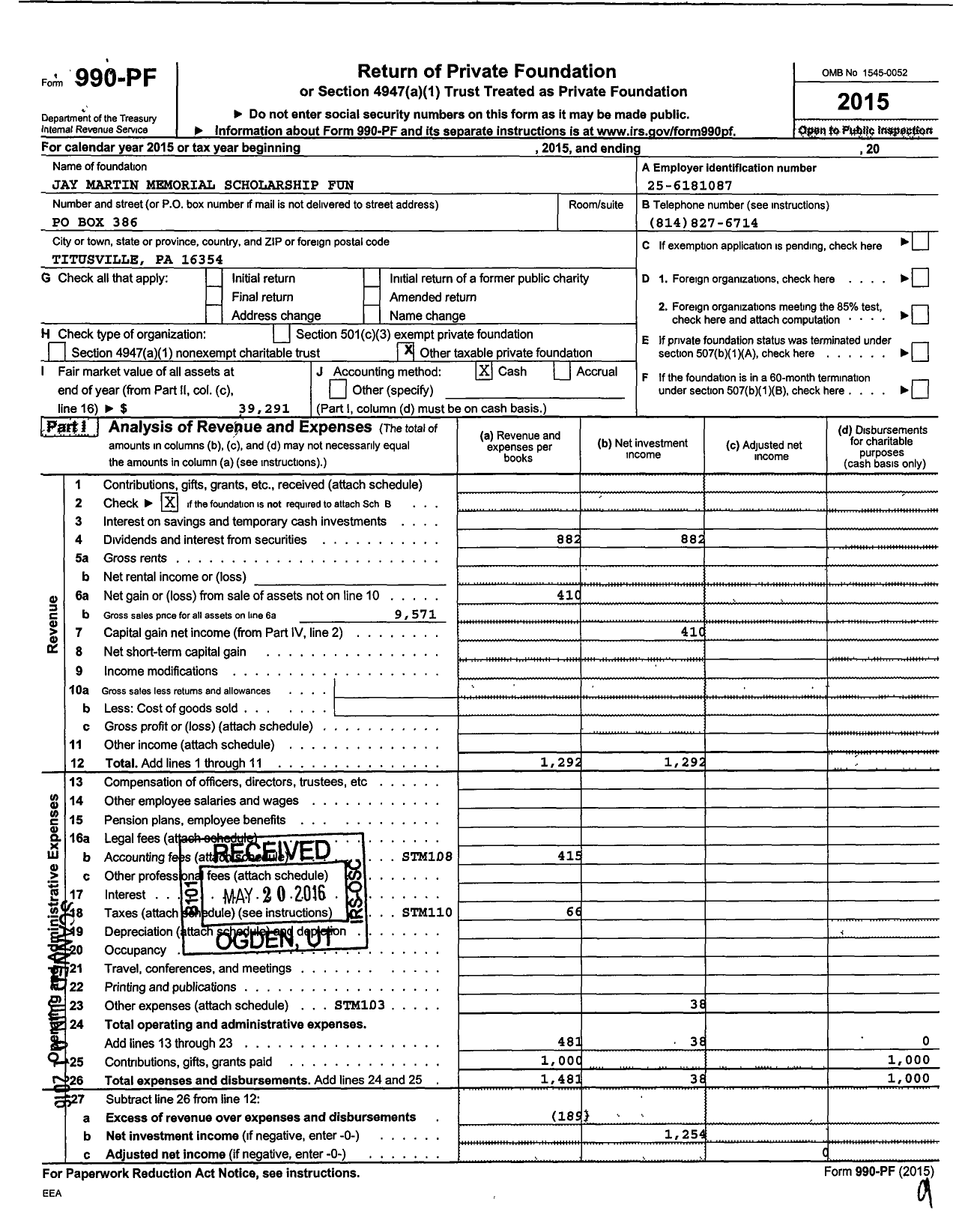 Image of first page of 2015 Form 990PF for Jay Martin Memorial Scholarship Fun