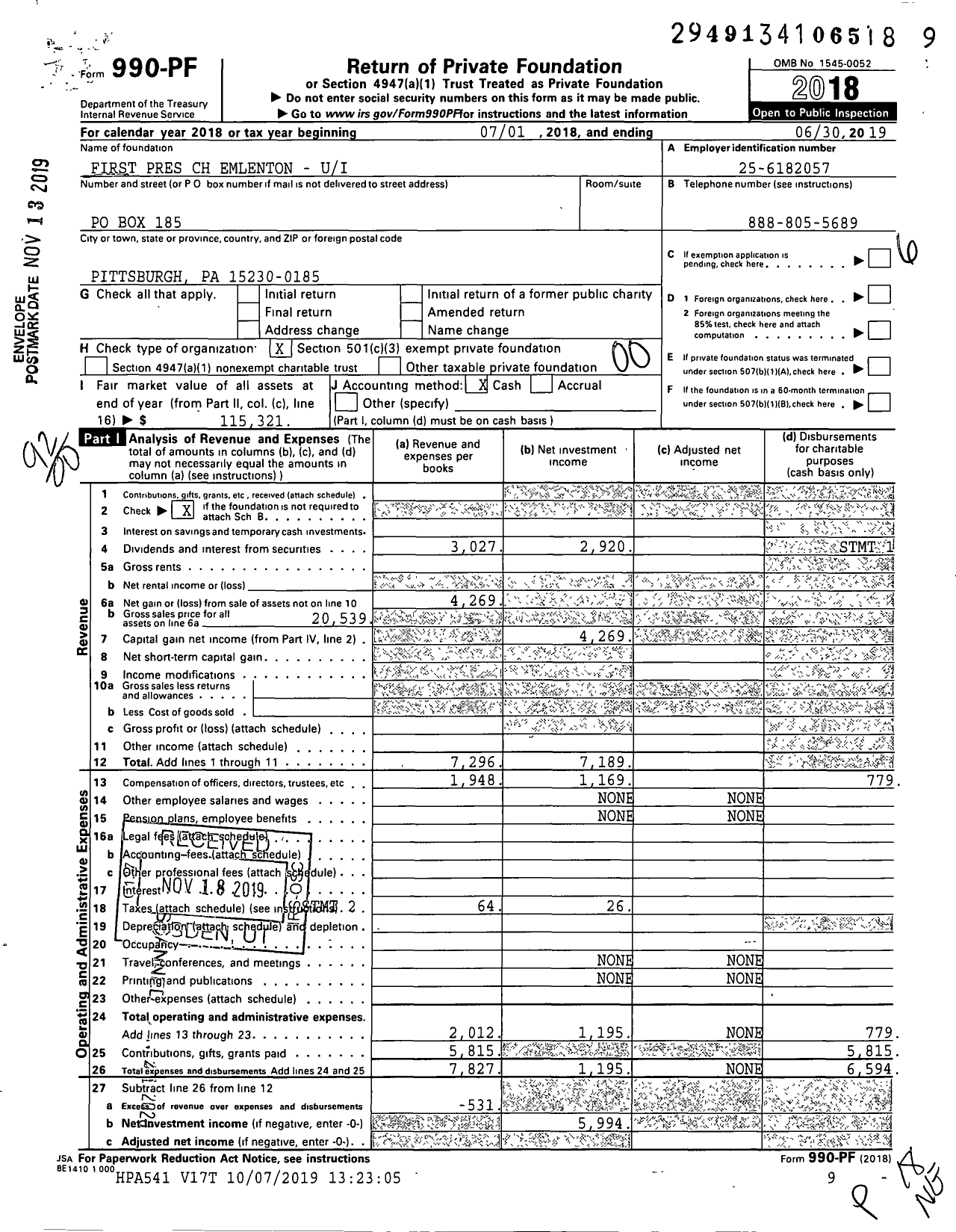 Image of first page of 2018 Form 990PF for First Pres CH Emlenton - Ui