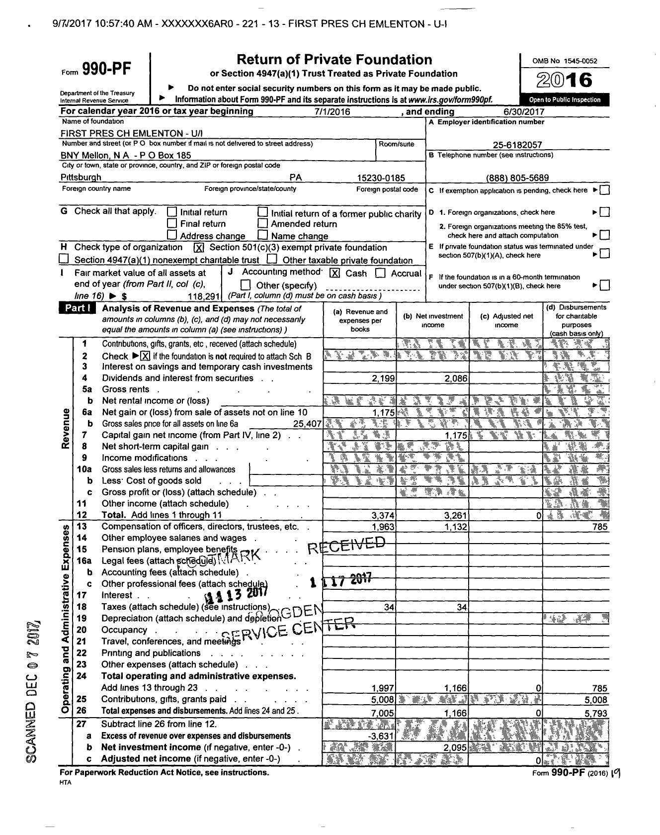 Image of first page of 2016 Form 990PF for First Pres CH Emlenton - Ui