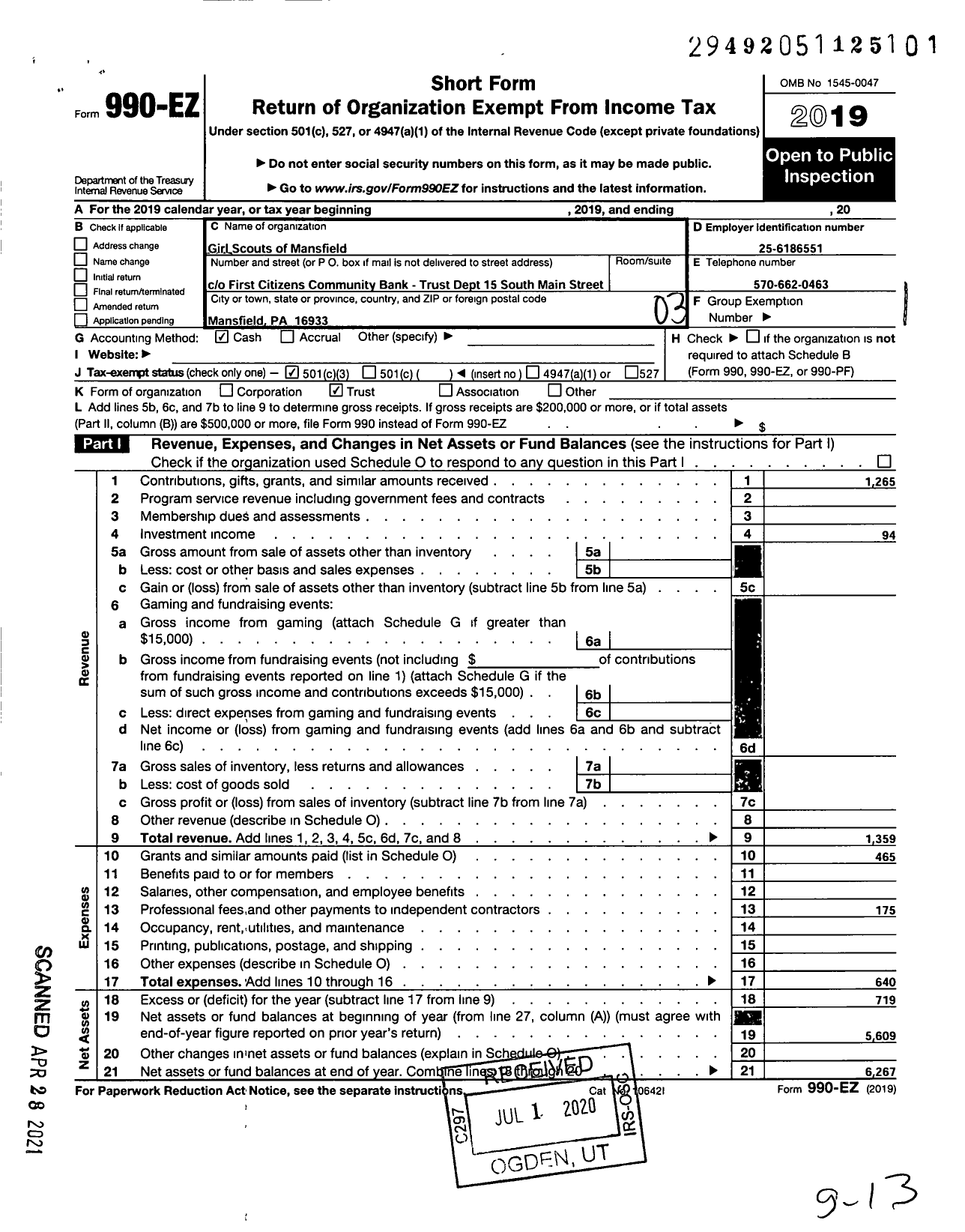 Image of first page of 2019 Form 990EZ for Trustees Girl Scouts of Mansfield Pennsylvania