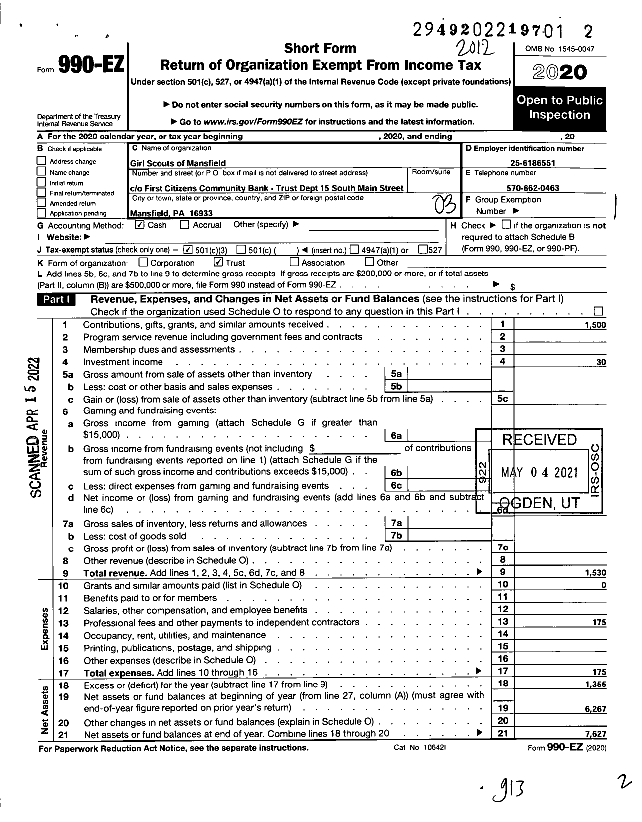 Image of first page of 2020 Form 990EZ for Trustees Girl Scouts of Mansfield Pennsylvania