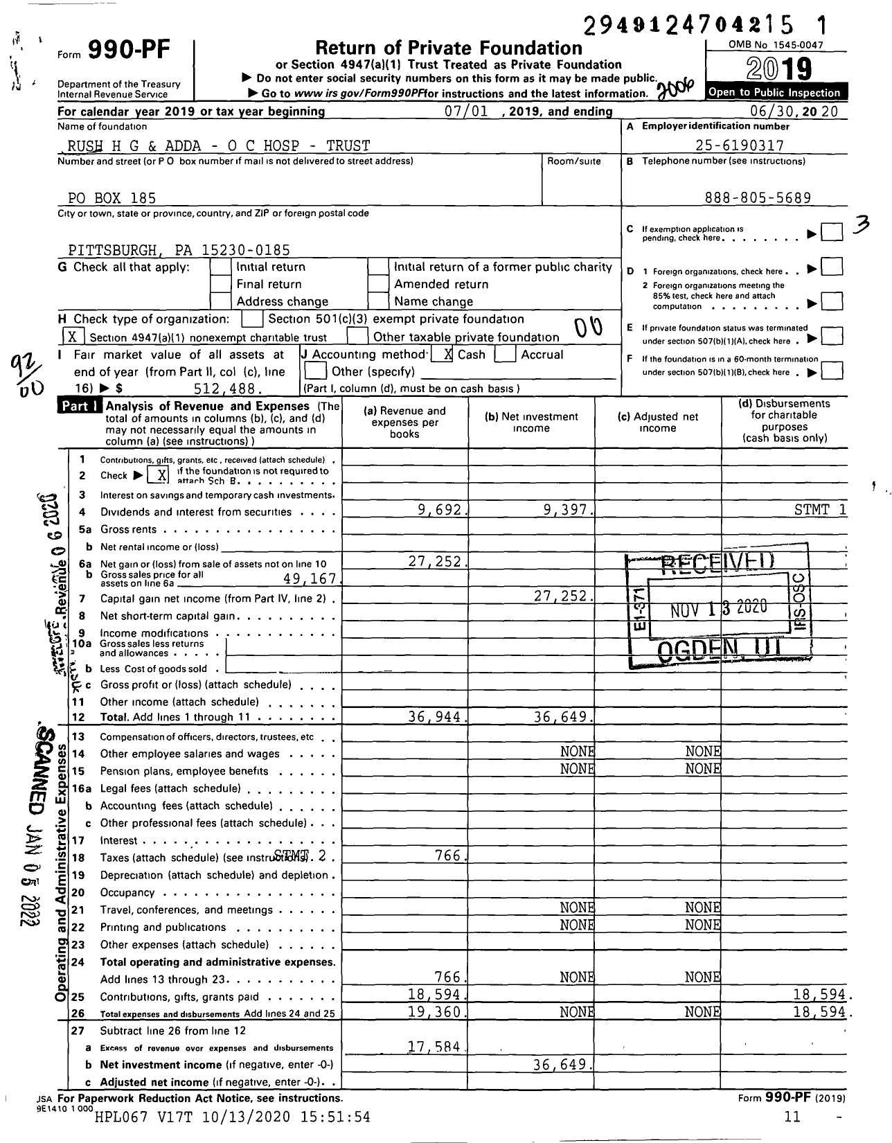 Image of first page of 2019 Form 990PF for Rush H G and Adda - O C Hospital - Trust