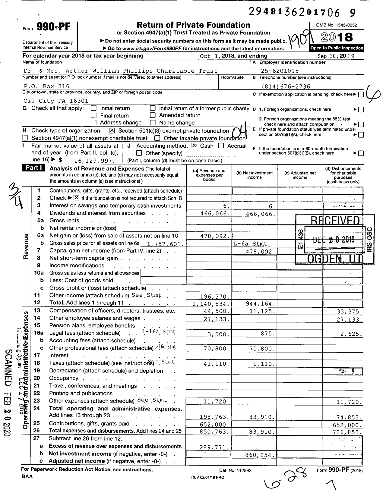 Image of first page of 2018 Form 990PR for Arthur William Phillips Trust Uw