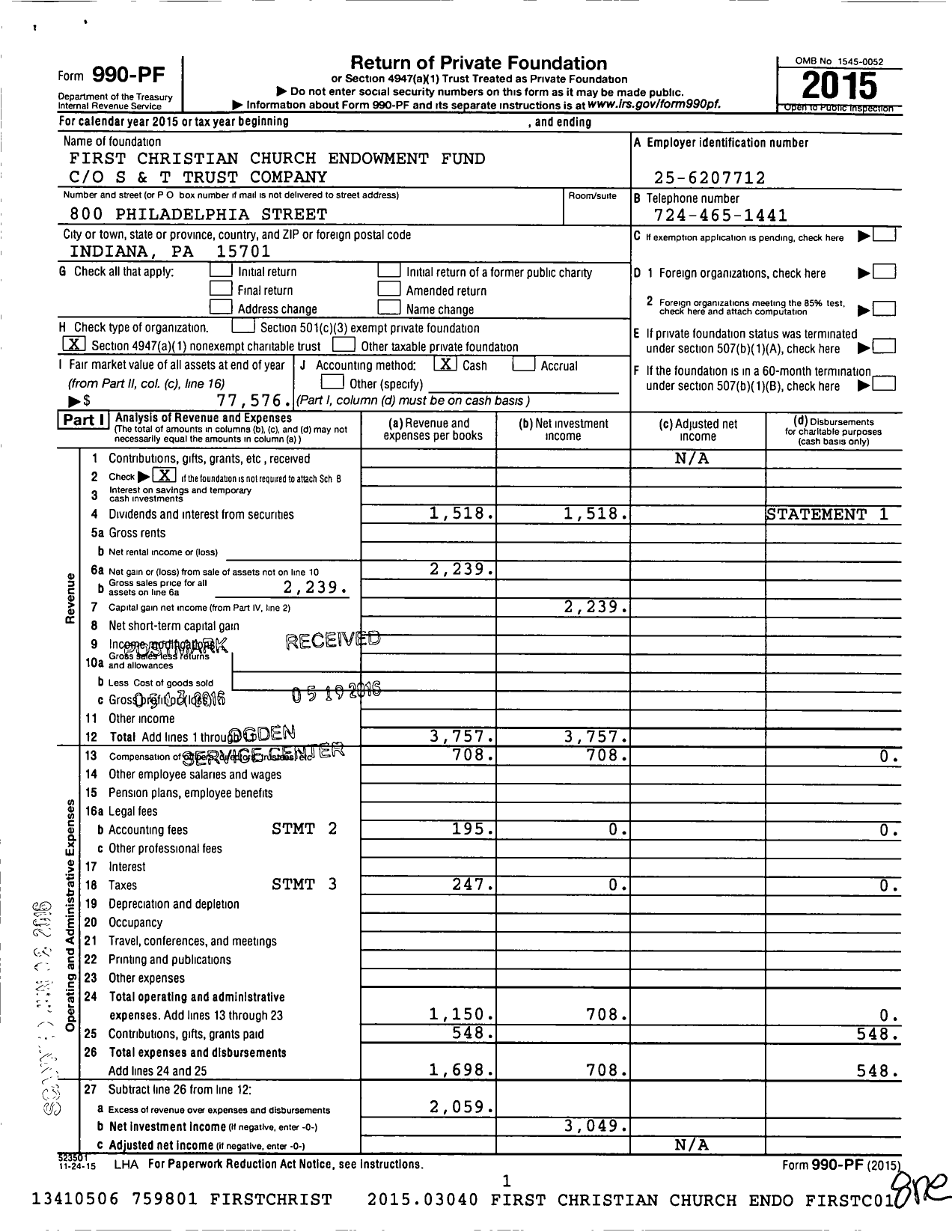 Image of first page of 2015 Form 990PF for First Christian Endo