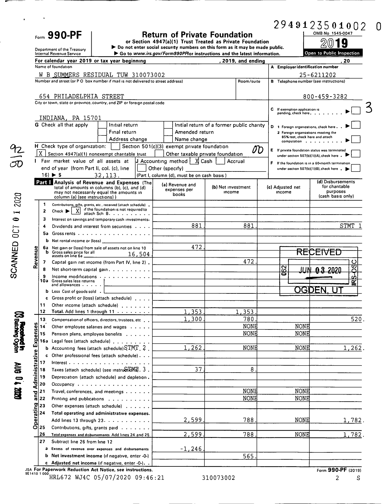 Image of first page of 2019 Form 990PR for W B Summers Residual Tuw XXX-XX-XXXX