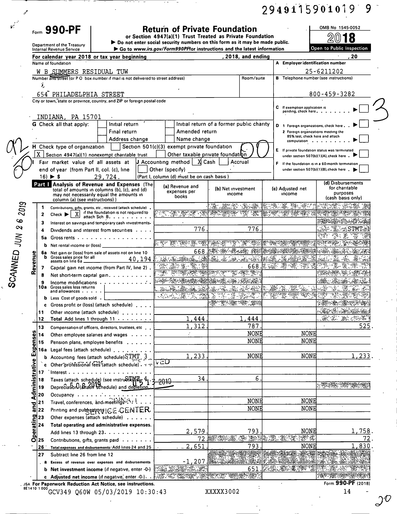 Image of first page of 2018 Form 990PF for W B Summers Residual Tuw XXX-XX-XXXX