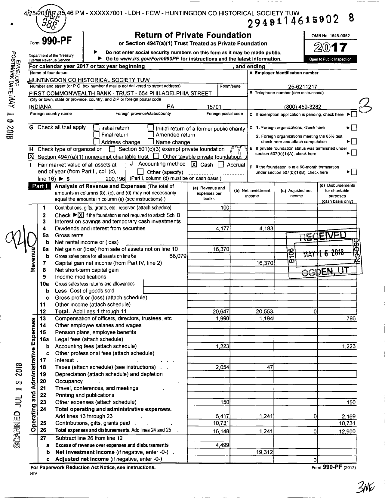 Image of first page of 2017 Form 990PF for Huntingdon Historical Society Tuw