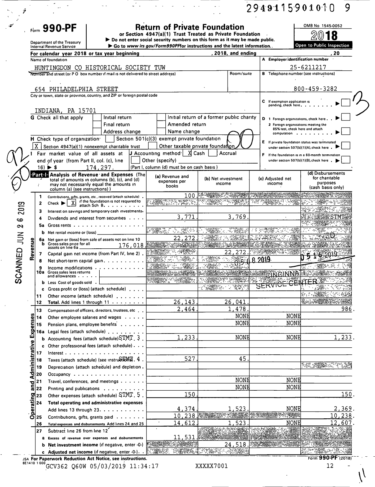 Image of first page of 2018 Form 990PF for Huntingdon Historical Society Tuw