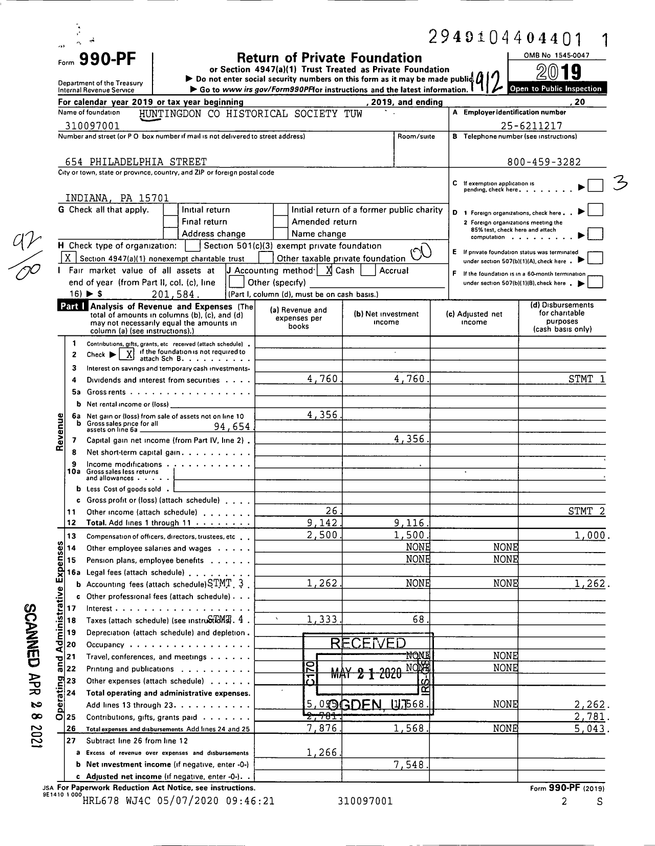 Image of first page of 2019 Form 990PF for Huntingdon Historical Society Tuw