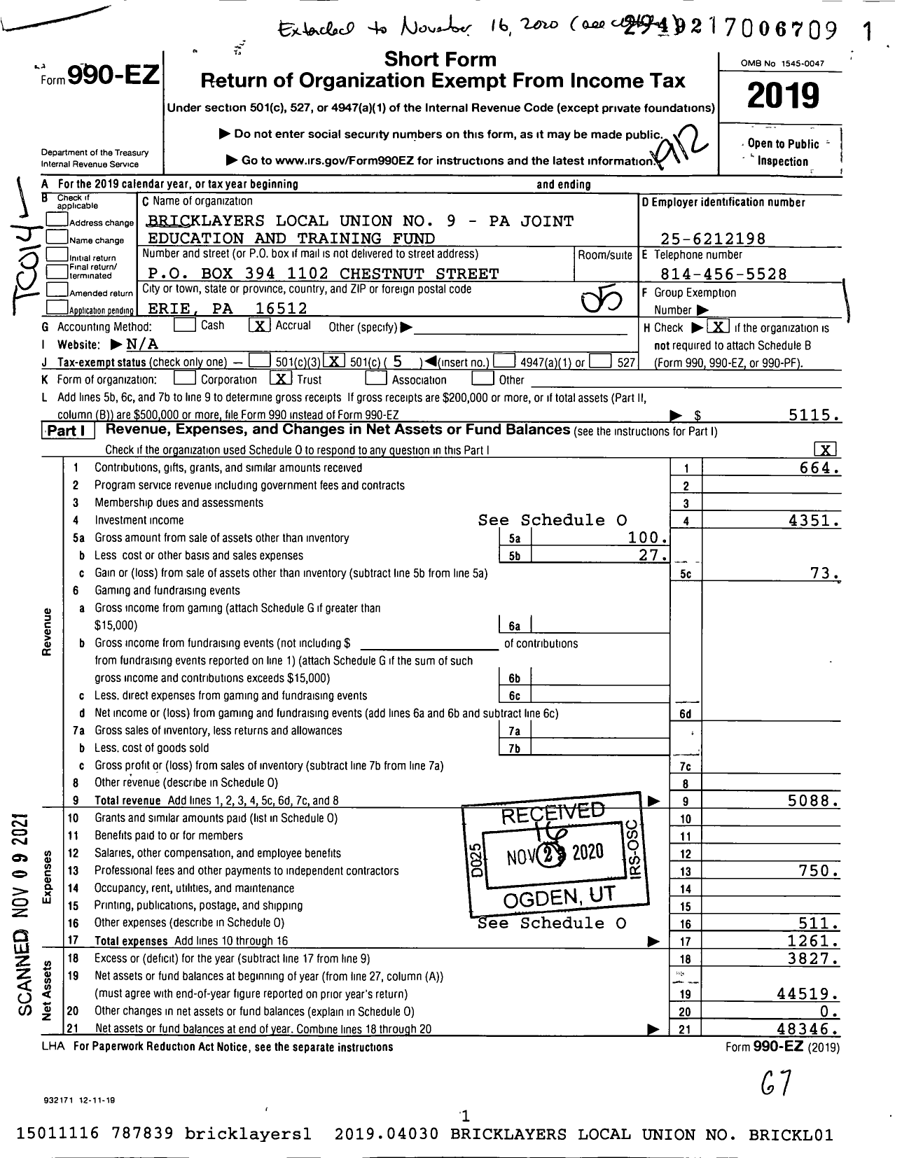 Image of first page of 2019 Form 990EO for Bricklayers Local Union No 9 - Pa Joint Education and Training Fund