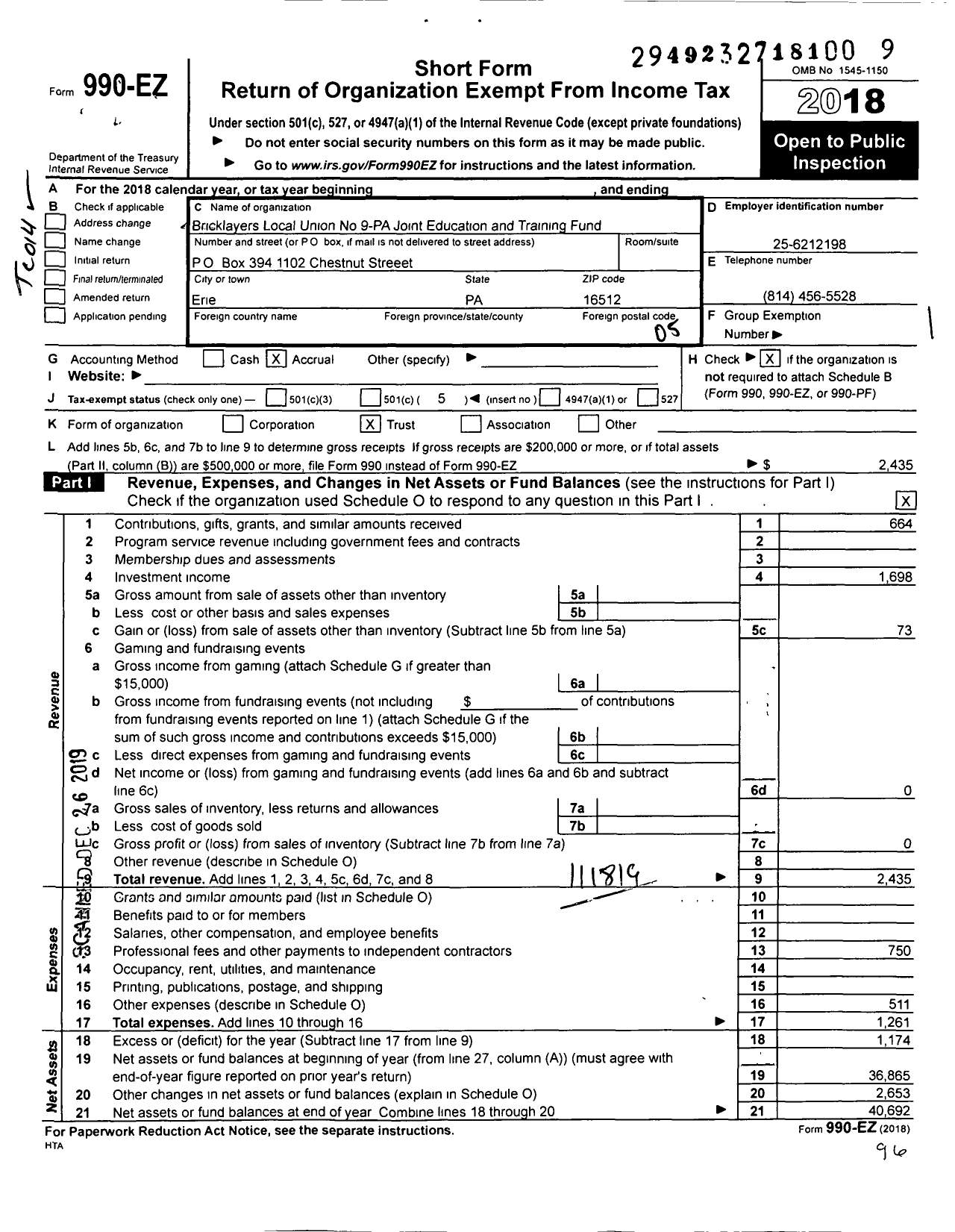 Image of first page of 2018 Form 990EO for Bricklayers Local Union No 9 - Pa Joint Education and Training Fund