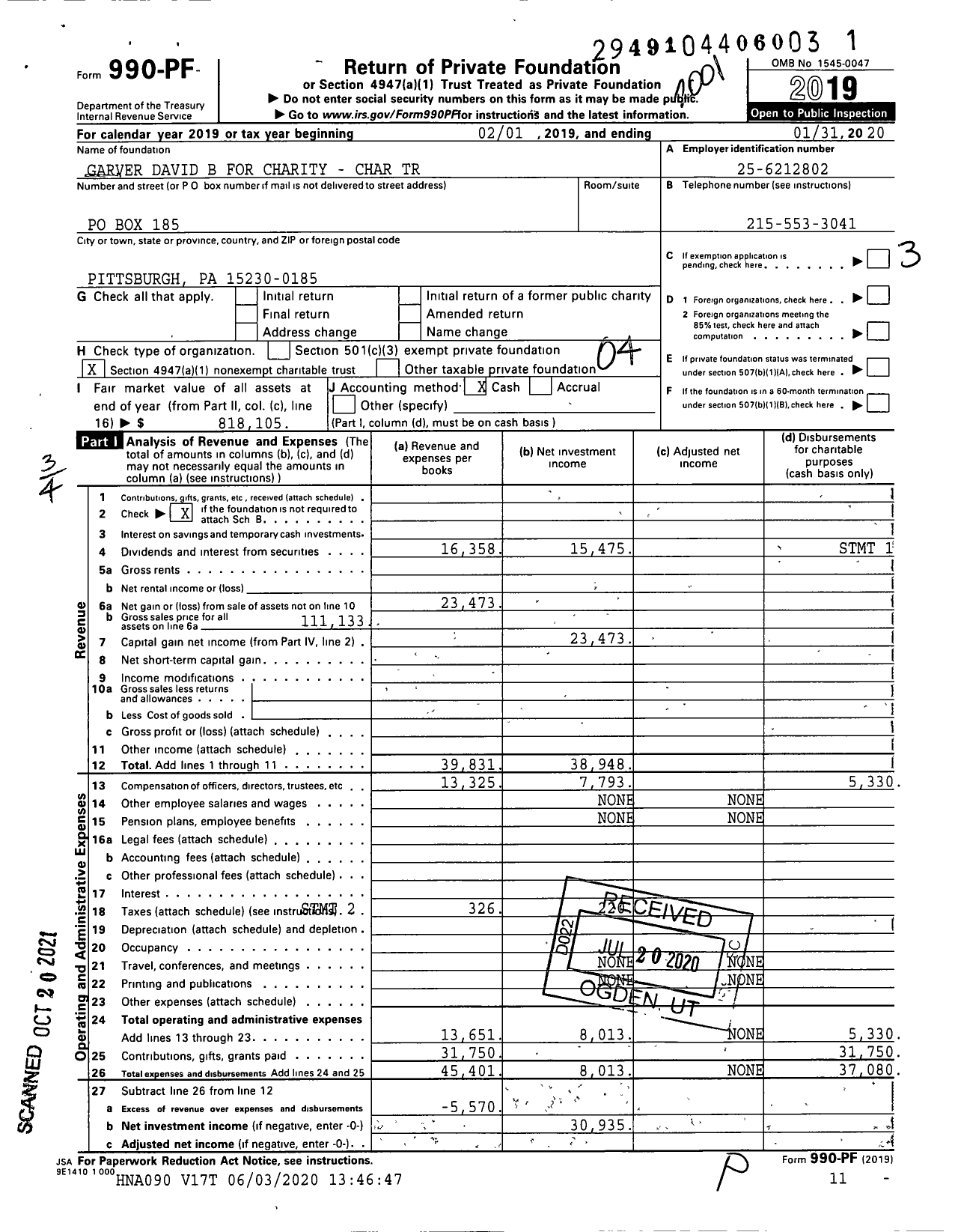 Image of first page of 2019 Form 990PF for Garver David B for Charity - Charitable Trust