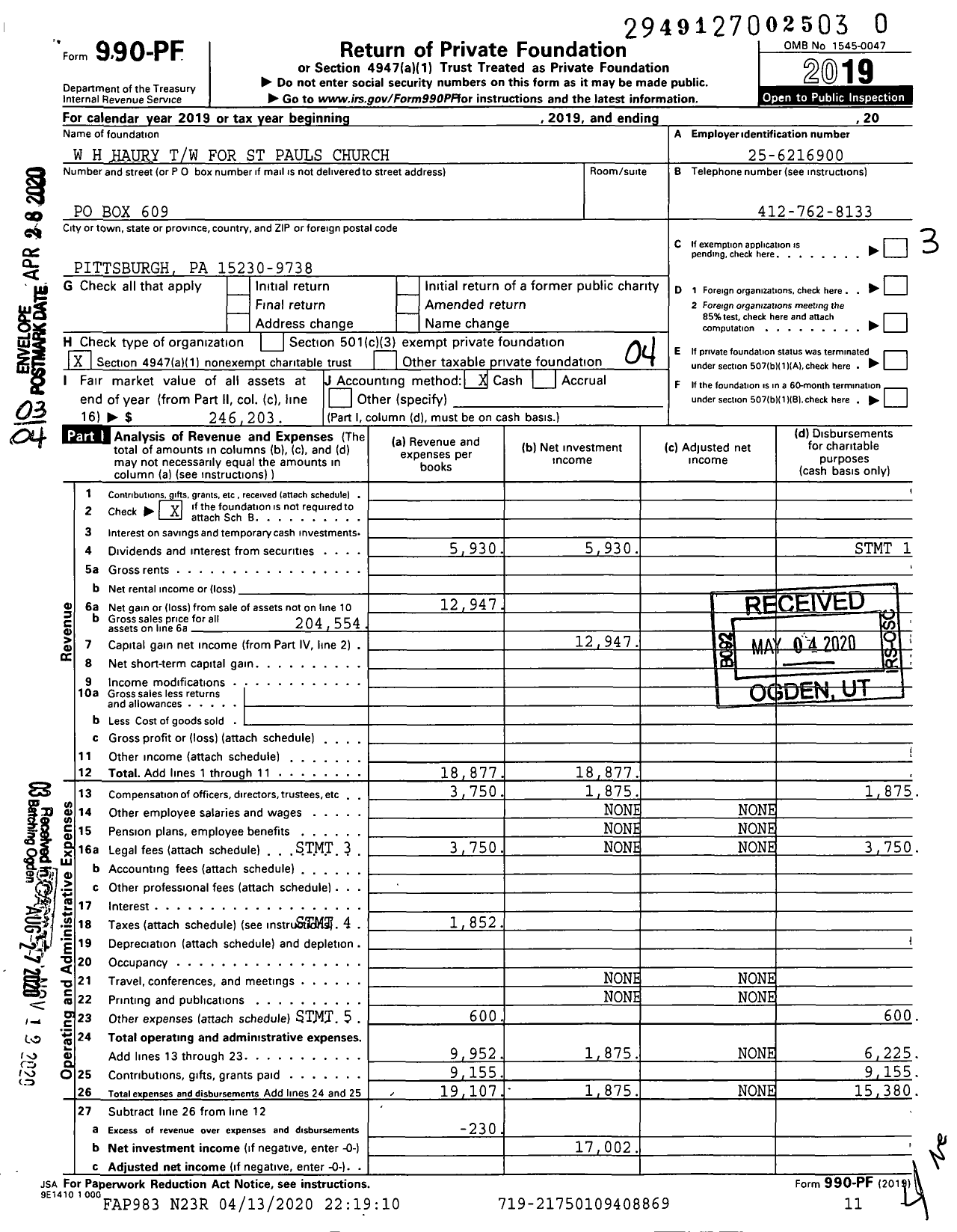 Image of first page of 2019 Form 990PF for W H Haury TW for St Pauls Church