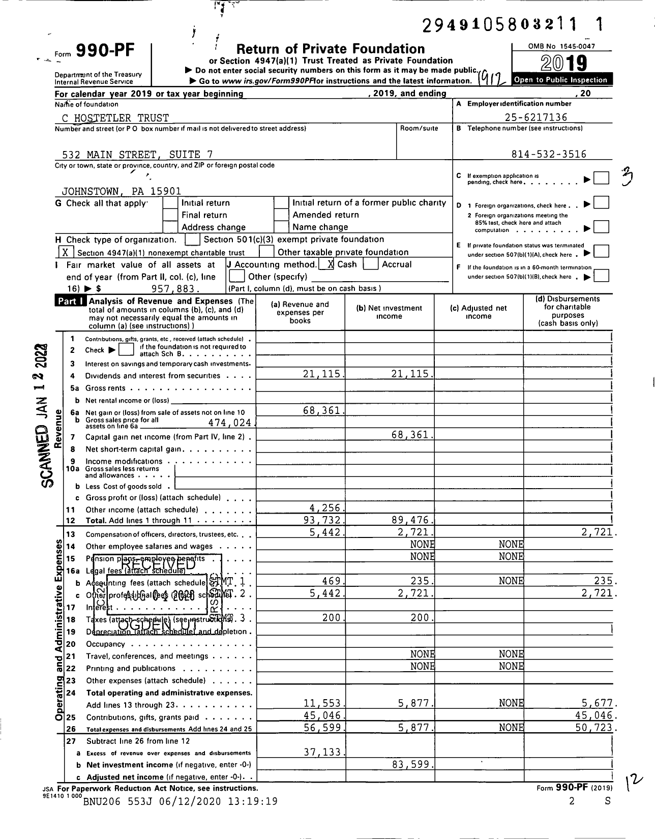 Image of first page of 2019 Form 990PF for C Hostetler Trust