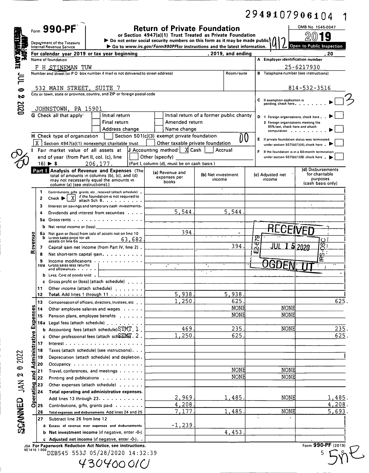 Image of first page of 2019 Form 990PF for F H Stineman Tuw