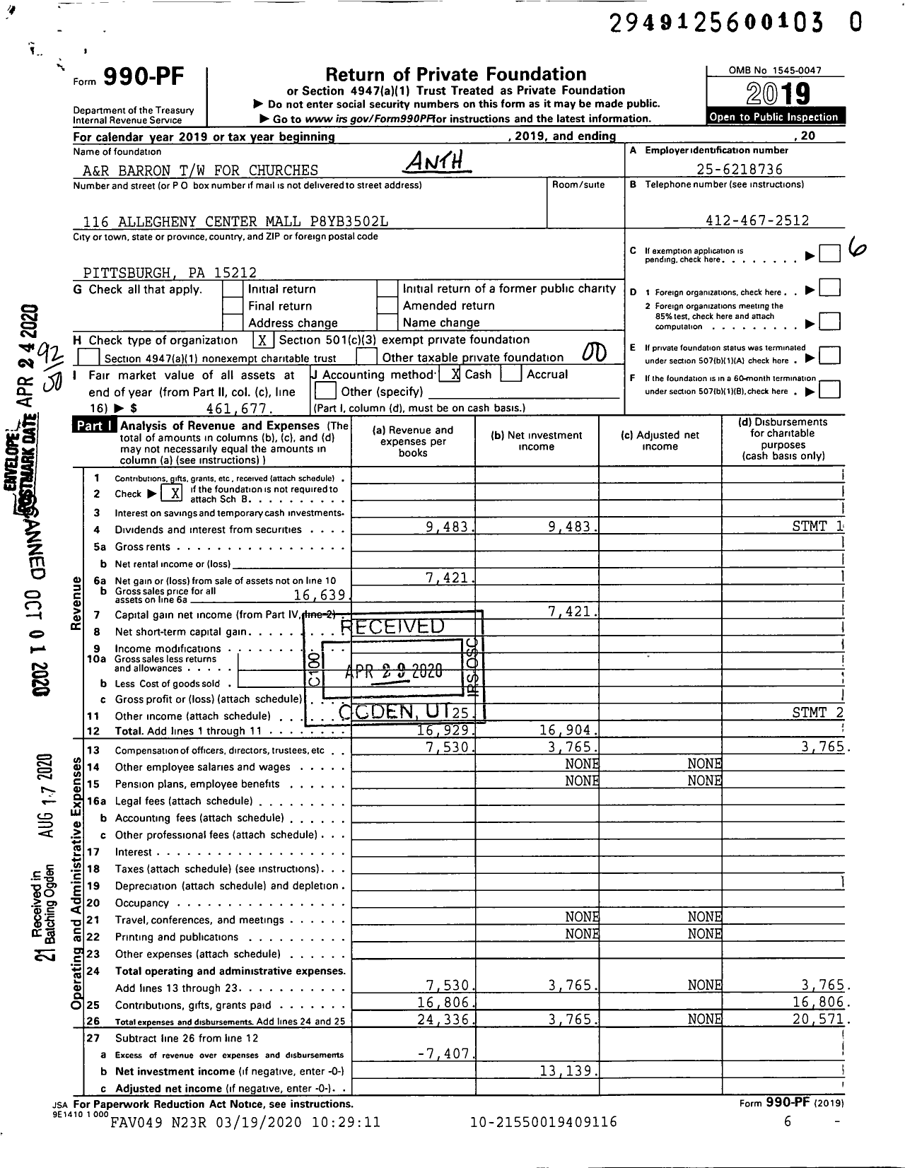 Image of first page of 2019 Form 990PR for Barron A and R TW for Churches