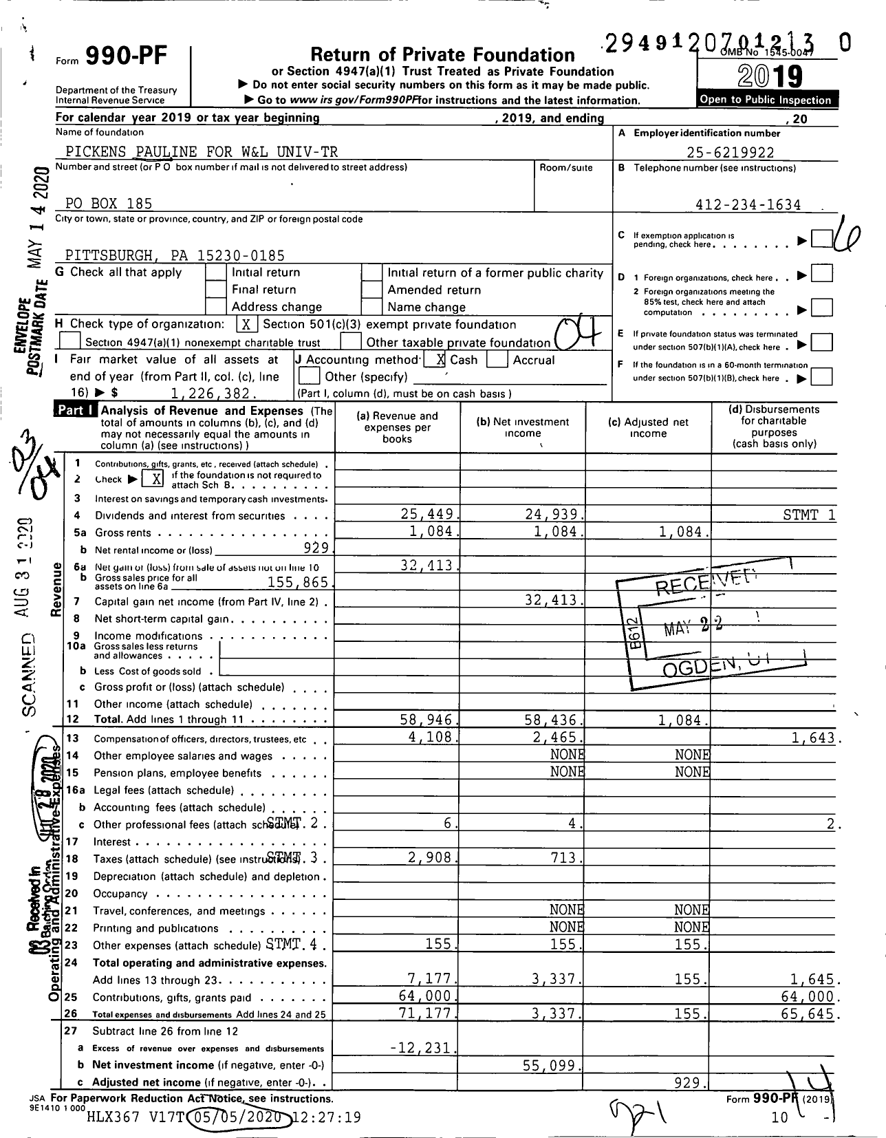 Image of first page of 2019 Form 990PR for Pickens Pauline for W&L Univ-Tr